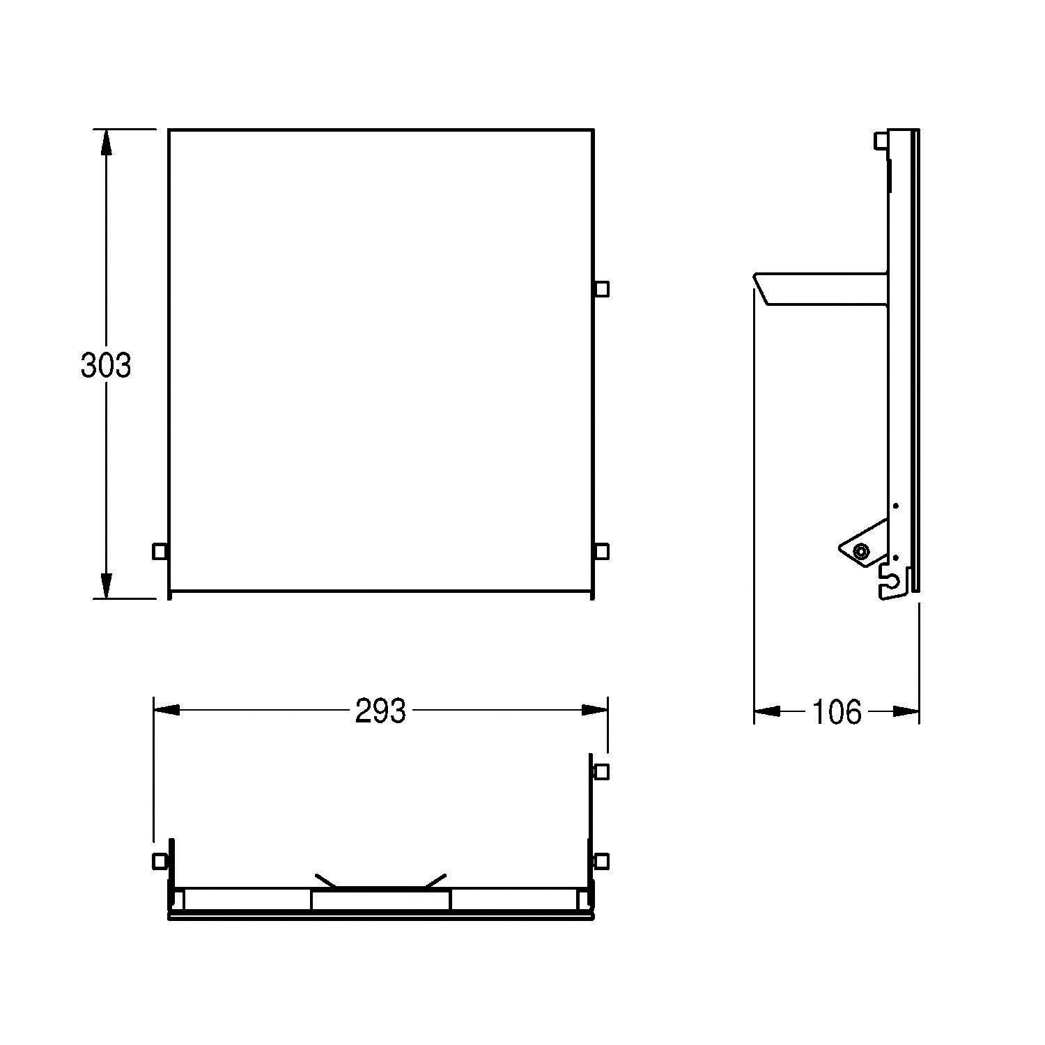 Technische Zeichnung eines quadratischen Geräts mit Abmessungen: 303 mm Höhe, 293 mm Breite und 106 mm Tiefe, dargestellt von vorne und von der Seite.