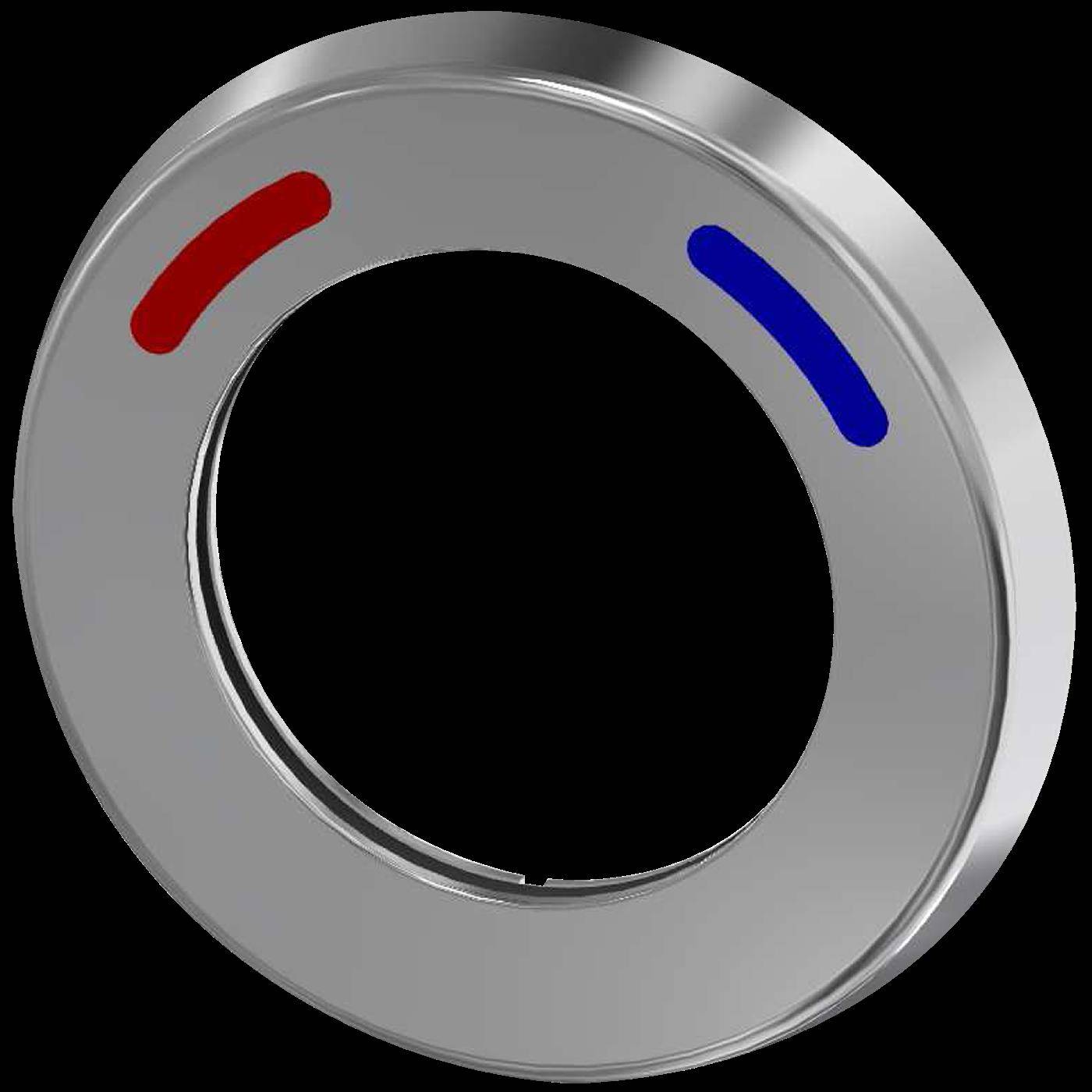 Silberner kreisförmiger Ring mit roten und blauen Markierungssegmenten auf schwarzem Hintergrund, der einem Zifferblatt oder Drehregler ähnelt.