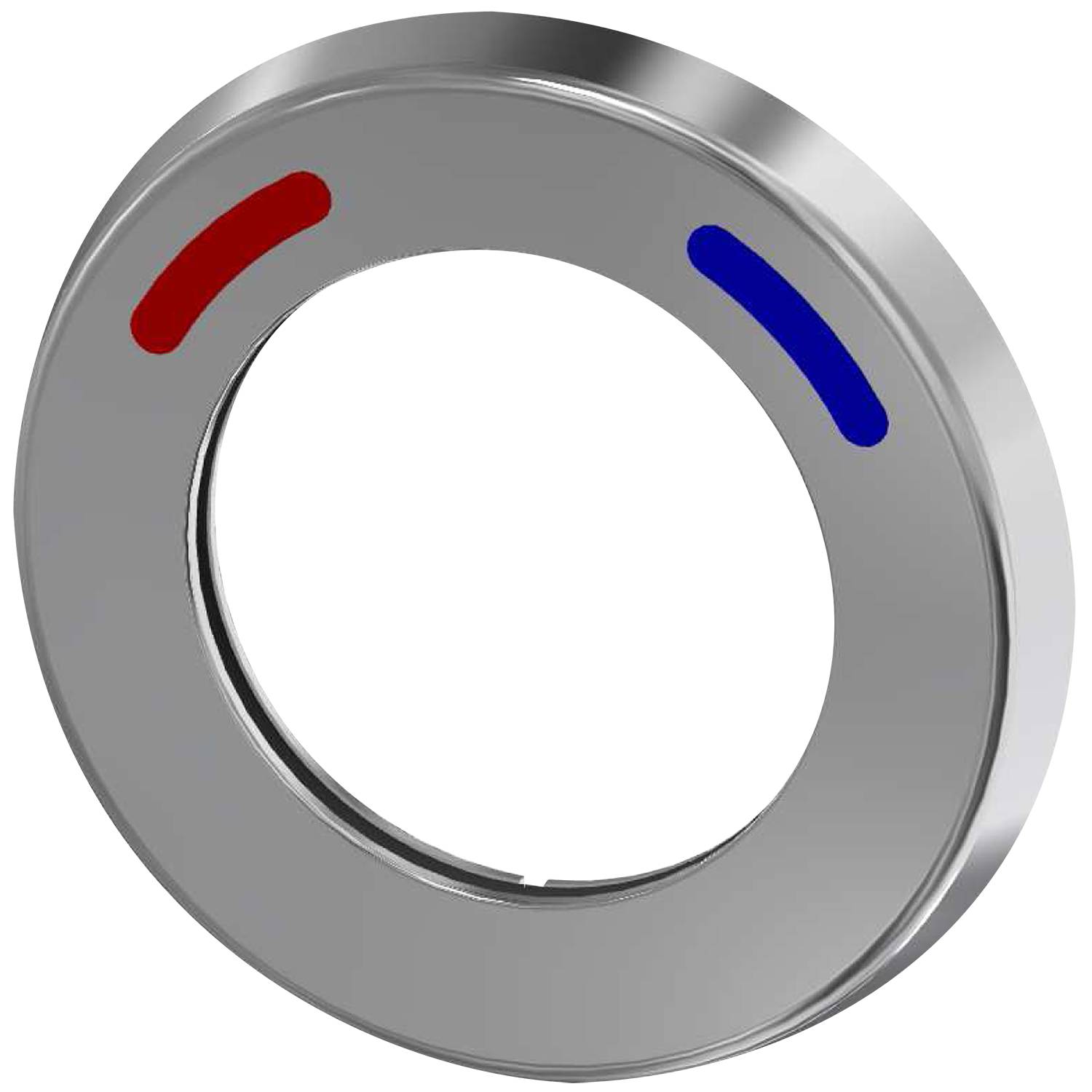 Ein Chrom-Duscharmaturregler mit roten und blauen Markierungen zur Anzeige der Warmwasser- und Kaltwassereinstellungen.