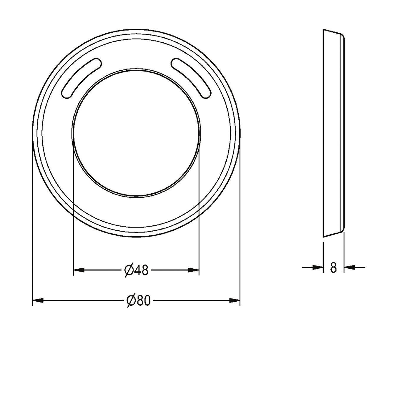 Technische Zeichnung eines kreisförmigen Ringteils mit zwei Schlitzen; Vorder- und Seitenansicht zeigen die Abmessungen Ø80, Ø48 und Stärke 8.