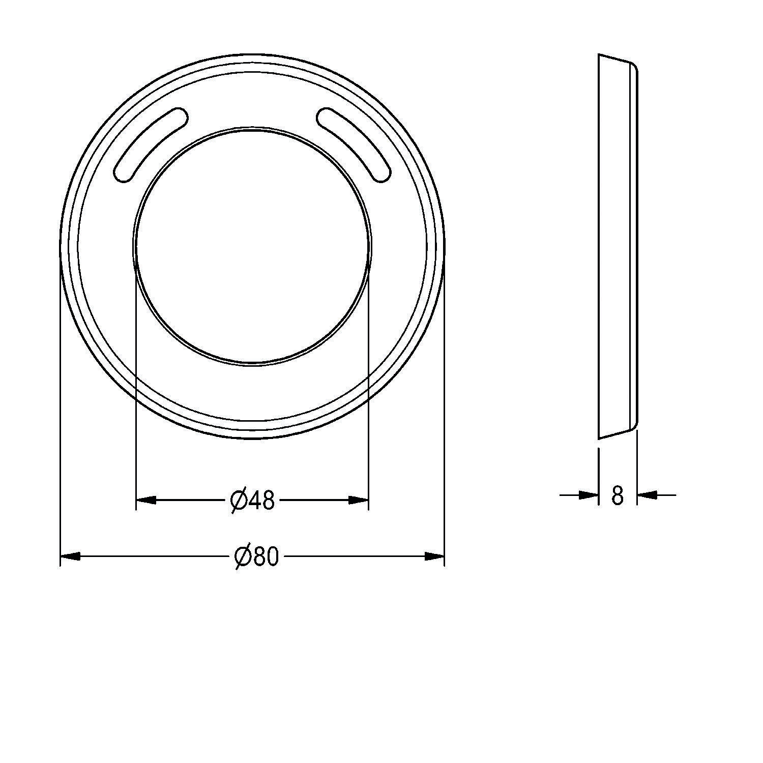 Technische Zeichnung eines kreisförmigen Objekts mit einer Vorderansicht, die einen Durchmesser von 80 mm zeigt, und einer Seitenansicht, die eine Dicke von 8 mm angibt.