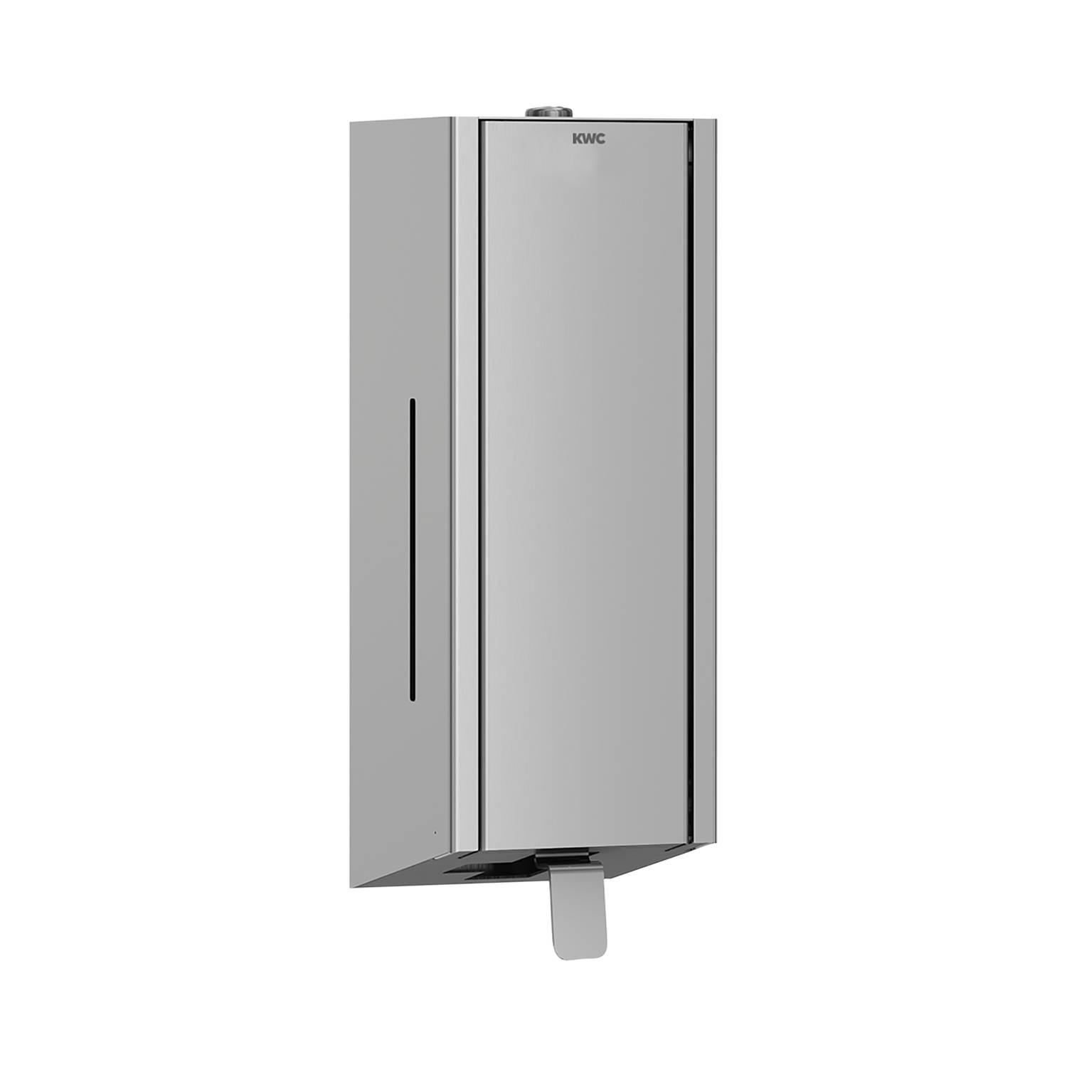 Ein schlanker, rechteckiger Händetrockner aus Edelstahl mit minimalistischem Design, der vor einem schwarzen Hintergrund montiert ist.