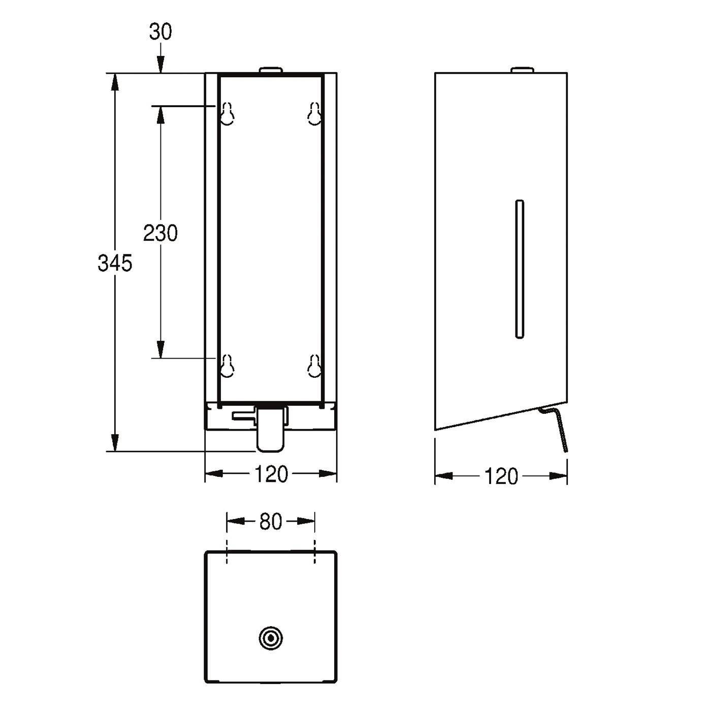 Technische Zeichnung eines wandmontierten rechteckigen Geräts mit angegebenen Abmessungen: 345 mm Höhe, 120 mm Breite, 80 mm Tiefe und 230 mm innere Höhe.