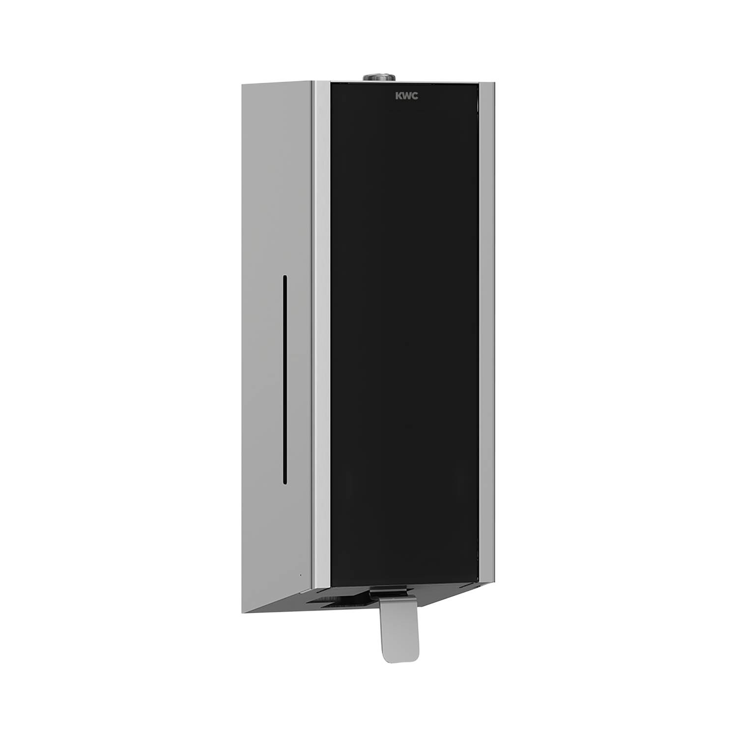 Ein schlanker, moderner Wandspender für Handdesinfektionsmittel mit schwarzem Frontpanel und silbernen Seiten, konzipiert für öffentliche Bereiche.
