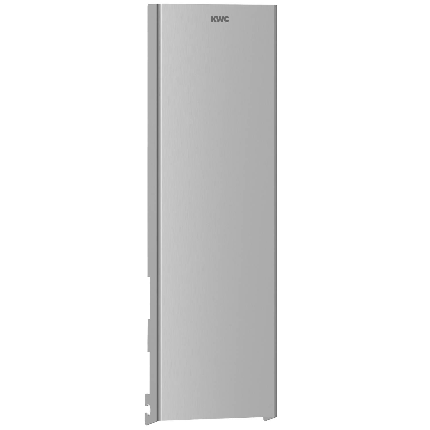 Ein hoher, rechteckiger, grauer elektronischer Apparat mit minimalistischem Design, auf dem oben die Marke 'KWC' angebracht ist.