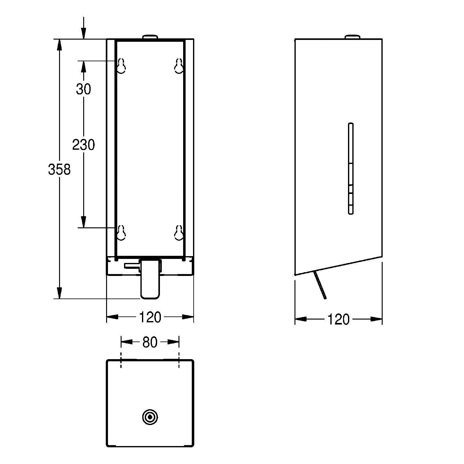 Technische Zeichnung eines rechteckigen Wandmontage-Geräts mit Abmessungen: Höhe 358 mm, Breite 120 mm, Tiefe 120 mm. Zeigt Befestigungspunkte und Seitenansichtsdetails.