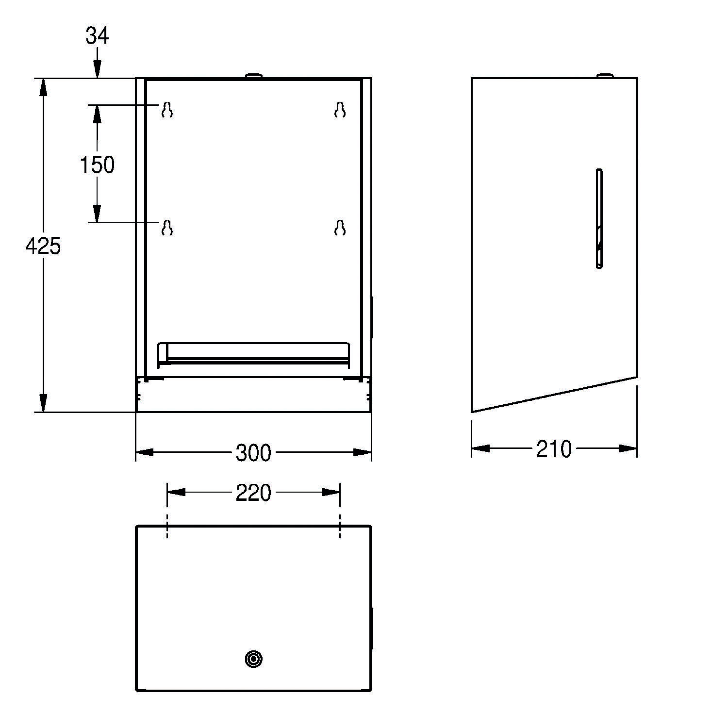 Vorder- und Seitenansicht einer wandmontierten Box mit Abmessungen: Höhe 425 mm, Breite 300 mm, Tiefe 210 mm. Ausgestattet mit einem Innenregal und einer Tür.