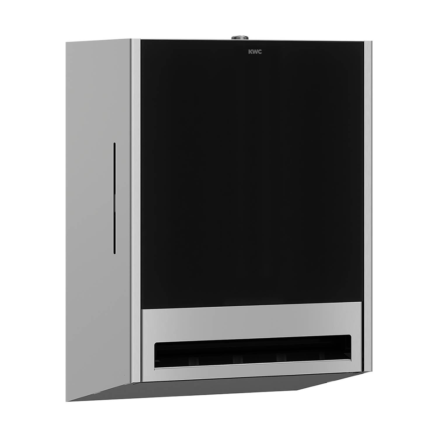Ein schwarzes und silbernes wandmontiertes Gerät mit elegantem Design, das ein kleines Logo an der Oberseite trägt.