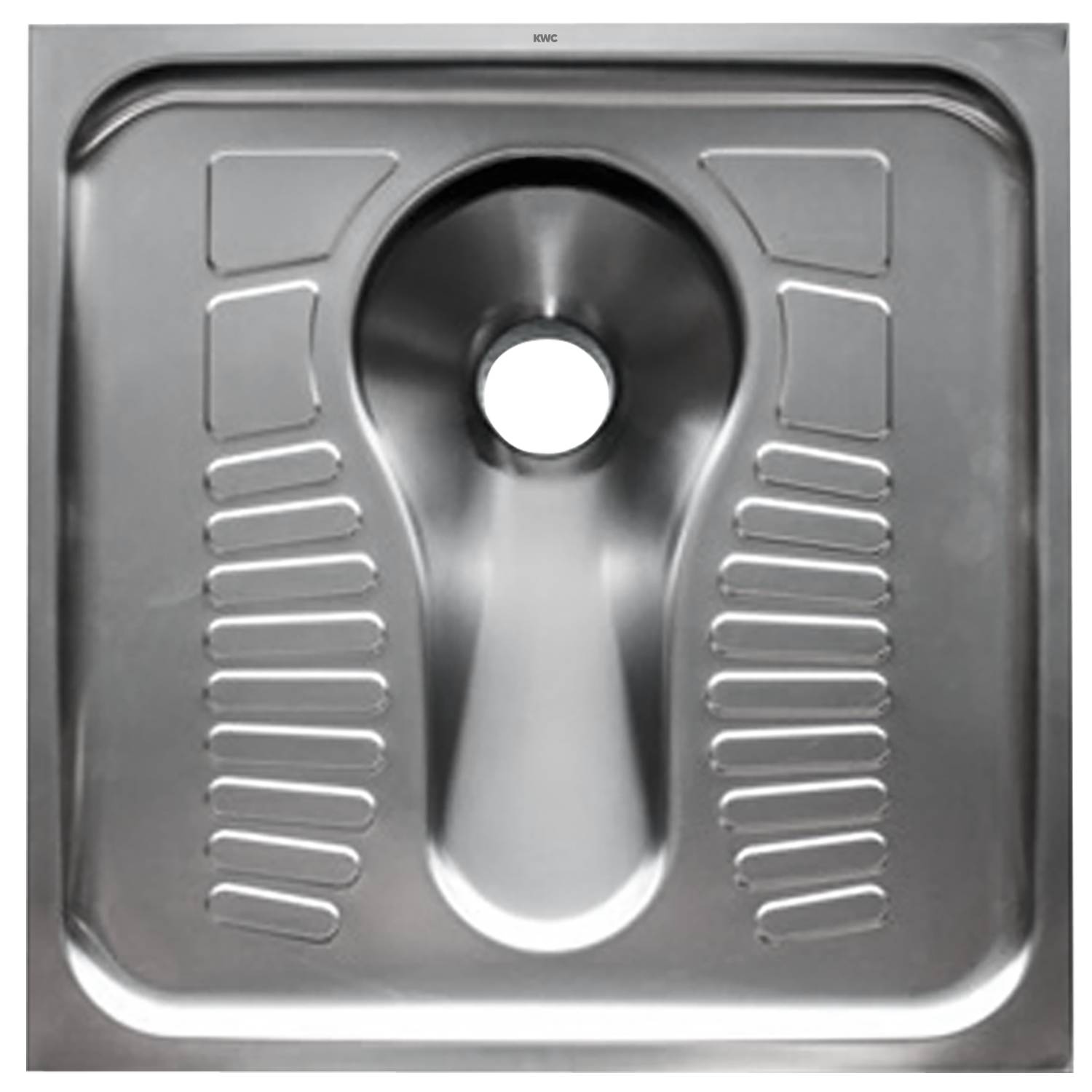 Ein Edelstahl-Hocktoilette mit zentralem Ablauf.