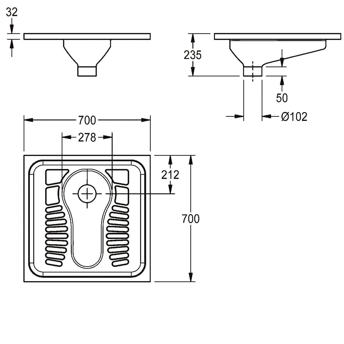 Technische Zeichnung eines quadratischen Spülbeckens oder Waschbeckens mit Draufsicht, Seitenansicht und Vorderansicht, showing Abmessungen 700 mm breit mal 700 mm tief, 235 mm Höhe und Abflussöffnung Ø102 mm.