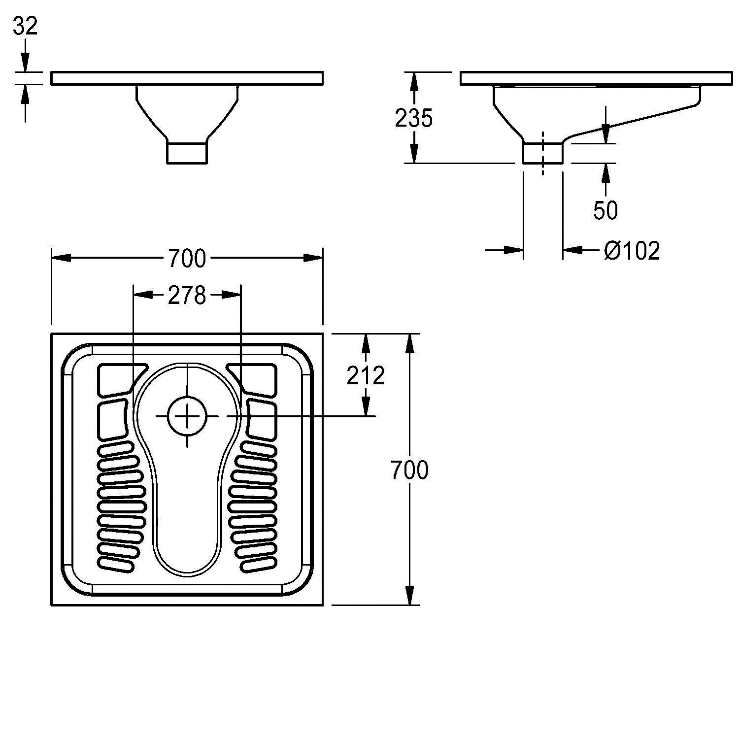 Eine technische Zeichnung einer Hocktoilette mit Abmessungen: 700 mm x 700 mm, Ablauftiefe 235 mm, Durchmesser 102 mm und anderen Maßangaben.