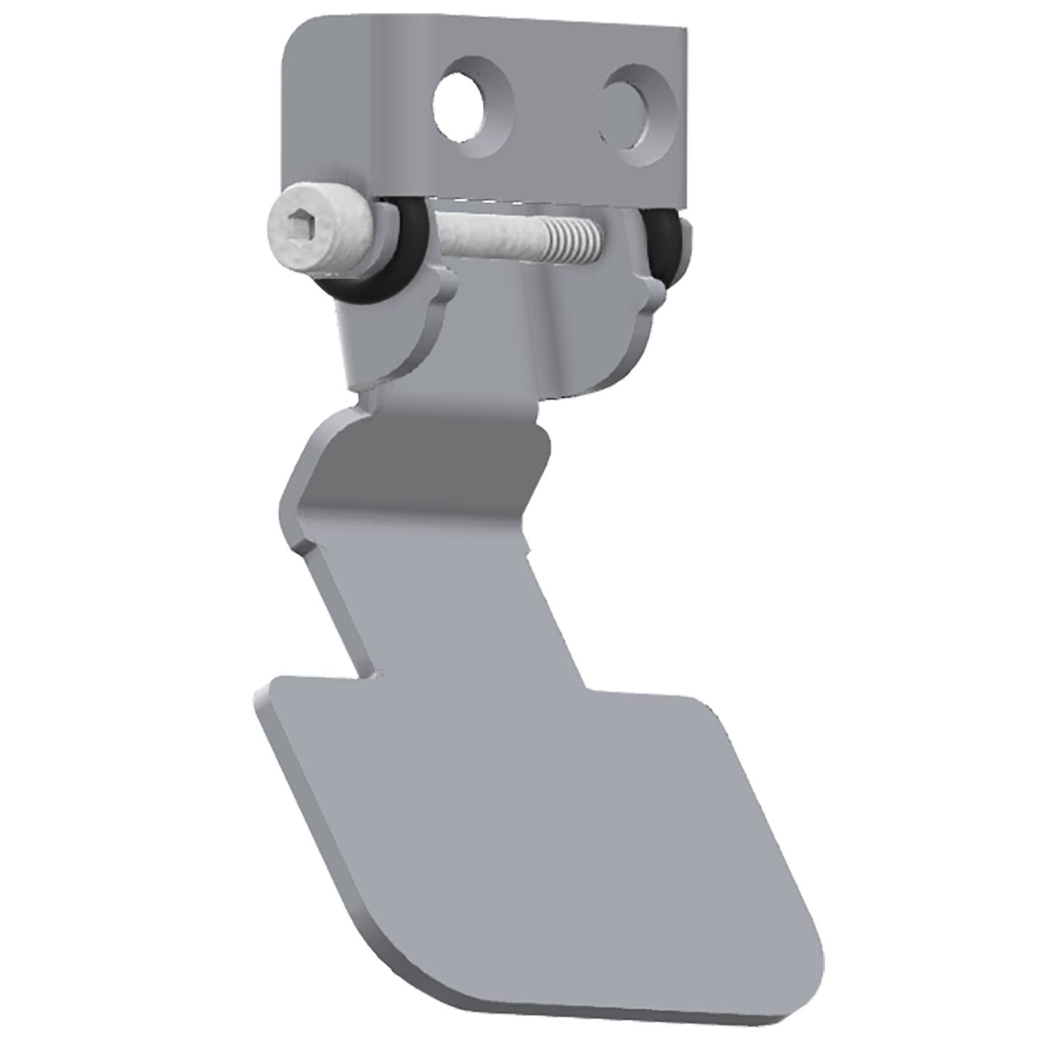 Ein 3D-generiertes Bild eines Metallbügels mit einer Montageplatte, zwei Löchern, einem Scharniergelenk und einer verstellbaren, abgewinkelten Stützbase.