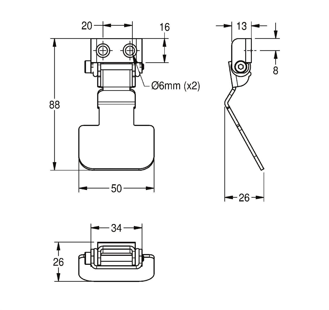 Technische Maßstabzeichnung einer Verschluss- oder Scharnier-Halterung mit drei Ansichten, die Befestigungslöcher, Gesamtgröße 88 x 50 mm und ein 26 mm Seitenprofil zeigen.