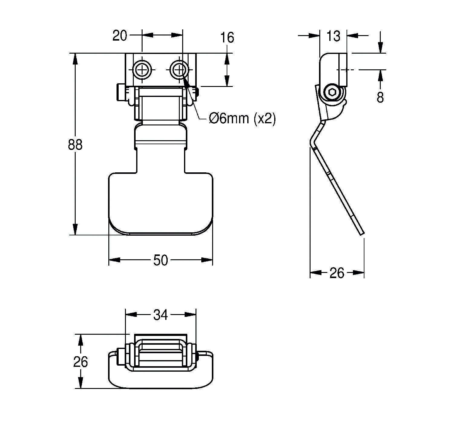 Technische Zeichnung einer Scharnier mit Maßen: 88 mm Höhe, 50 mm Breite, 20 mm oberer Abschnitt und 16 mm zentraler Abschnitt. Seitenansicht zeigt Details.