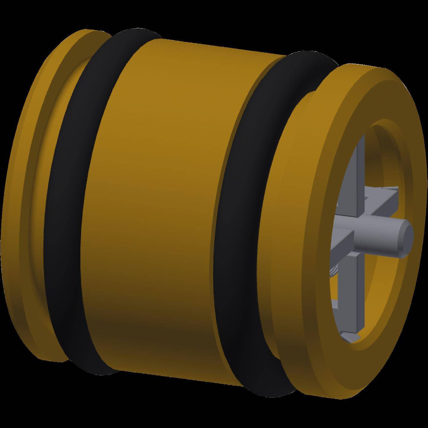 Ein goldener zylindrischer mechanischer Apparat mit schwarzen Bändern und einer grauen Welle, die an einem Ende hervorsteht, vor einem schwarzen Hintergrund dargestellt.
