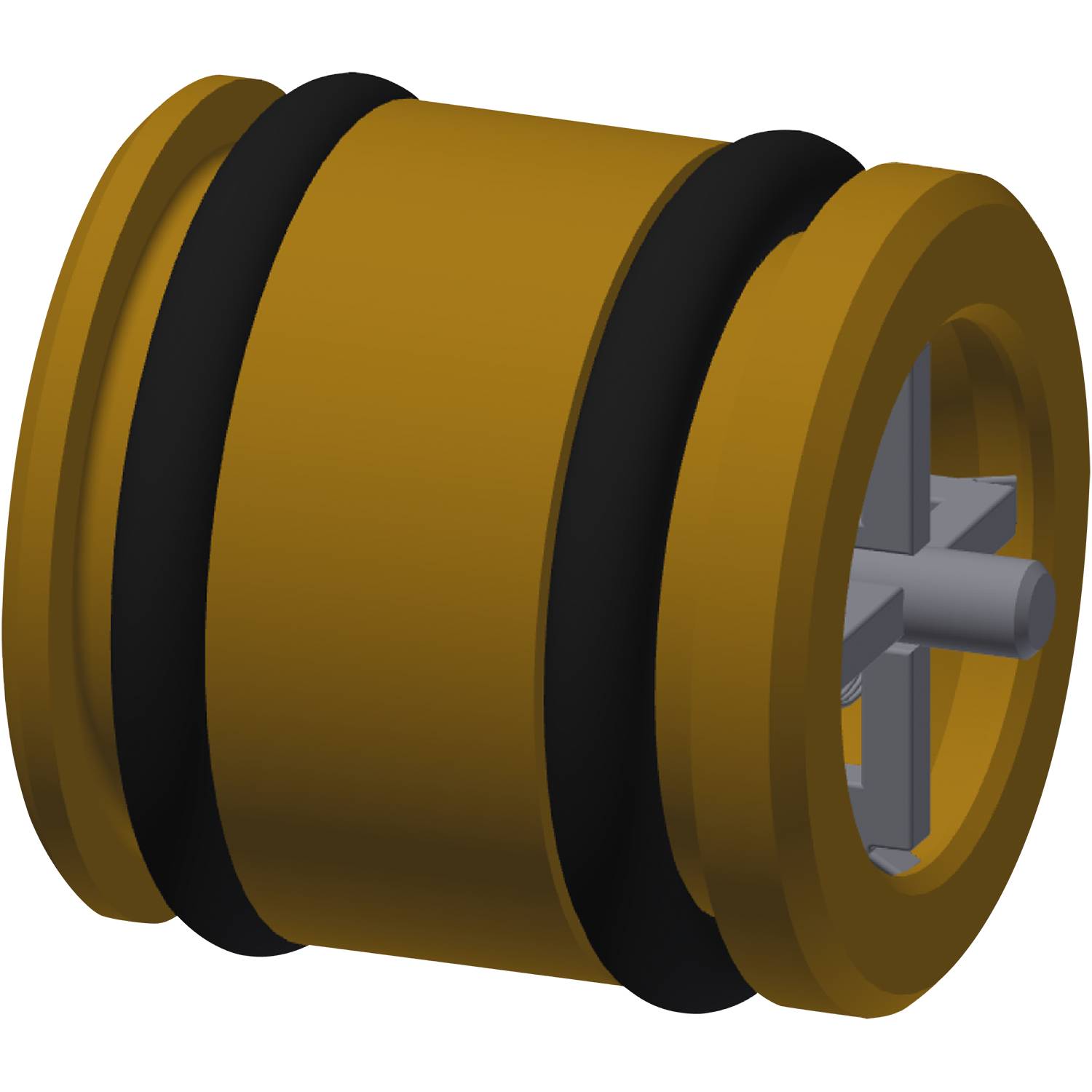 Eine zylindrische gelb-schwarze Komponente mit zwei schwarzen Gummibändern, wahrscheinlich ein mechanisches Teil, das in Maschinen verwendet wird.