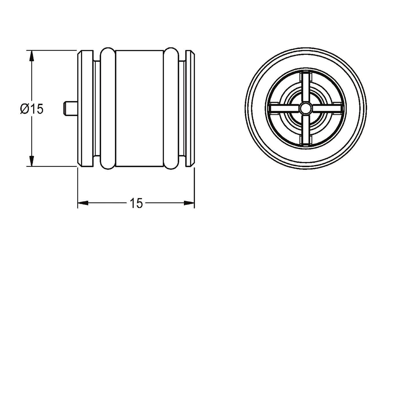 Technische Zeichnung eines kleinen zylindrischen Teils mit Seiten- und Draufsicht, beschriftet mit 15 mm Durchmesser und 15 mm Länge.