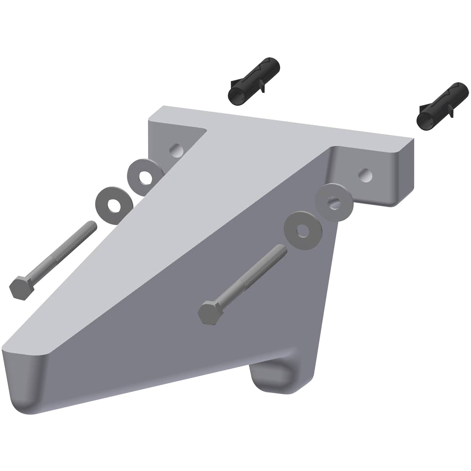 Eine graue Metallhalterung mit Befestigungslöchern, versehen mit Schrauben und Unterlegscheiben, wahrscheinlich zum Montieren oder Befestigen von Gegenständen verwendet.