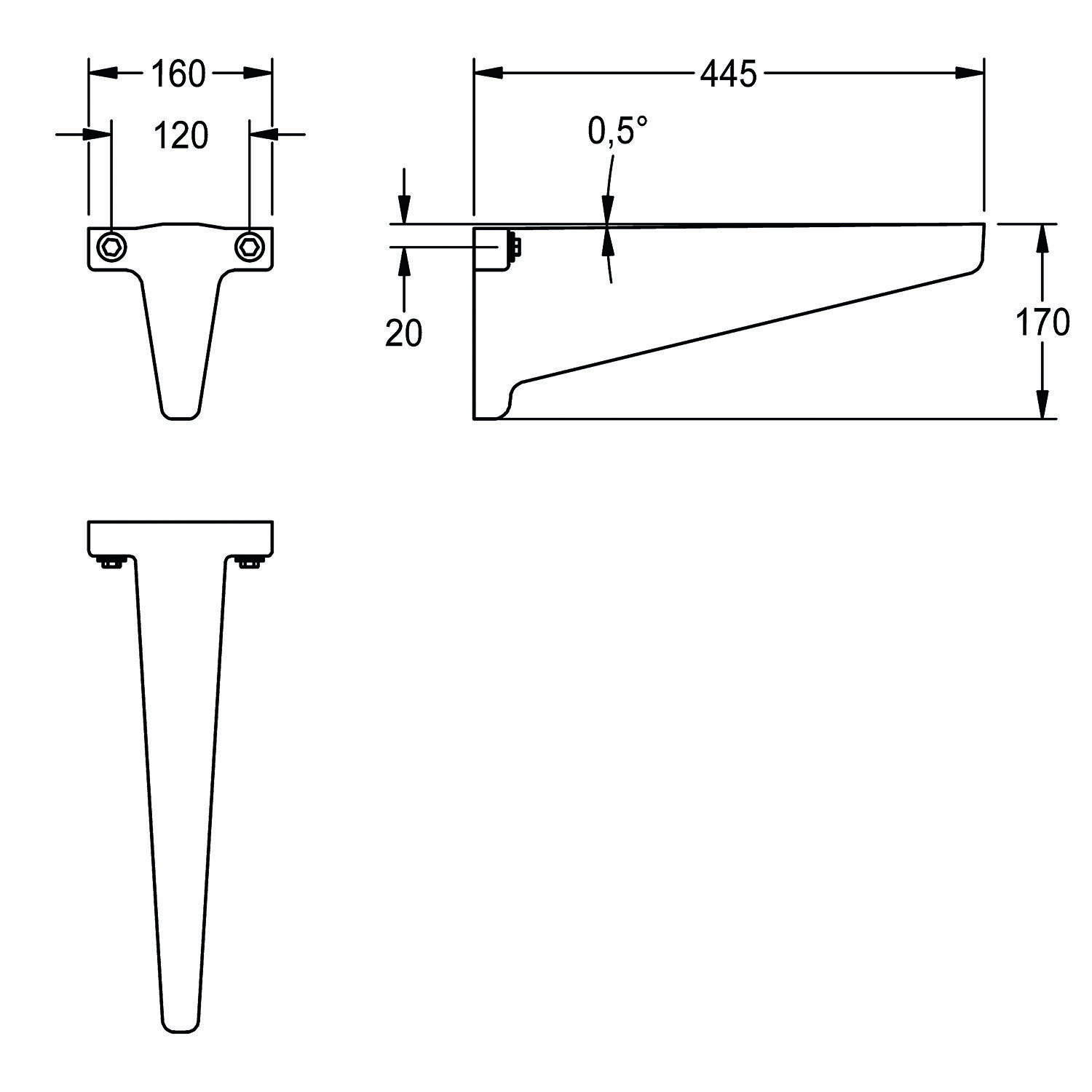 Technische Zeichnung einer Wandhalterung mit Abmessungen: 445 mm Länge, 170 mm Höhe, 160 mm obere Breite, 120 mm innere Breite, 20 mm Tiefe, 0,5° Winkel.