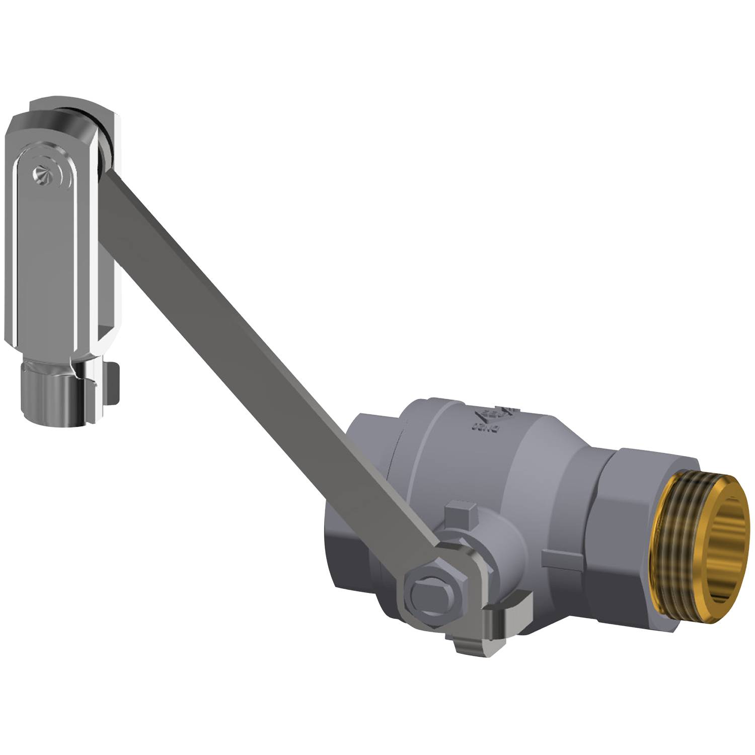 Ein metallischer Hebelarm, der an einem Ventil mit einem Gewinde befestigt ist, vor einem schwarzen Hintergrund.