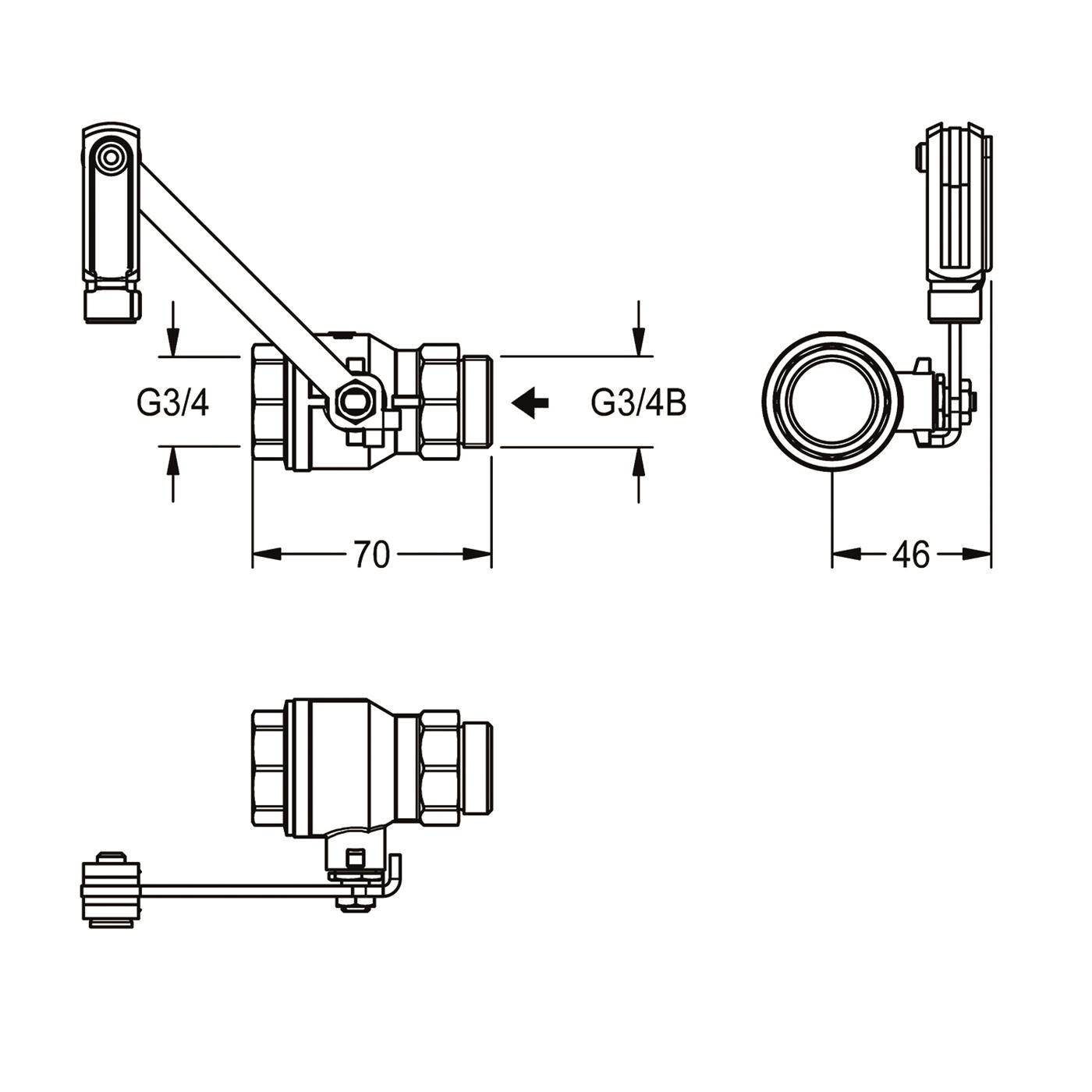 Technische Strichzeichnung einer Ventilbaugruppe mit Hebel und Verschraubungen, gekennzeichnet G3/4 und G3/4B, mit Abmessungen von 70 und 46 mm.