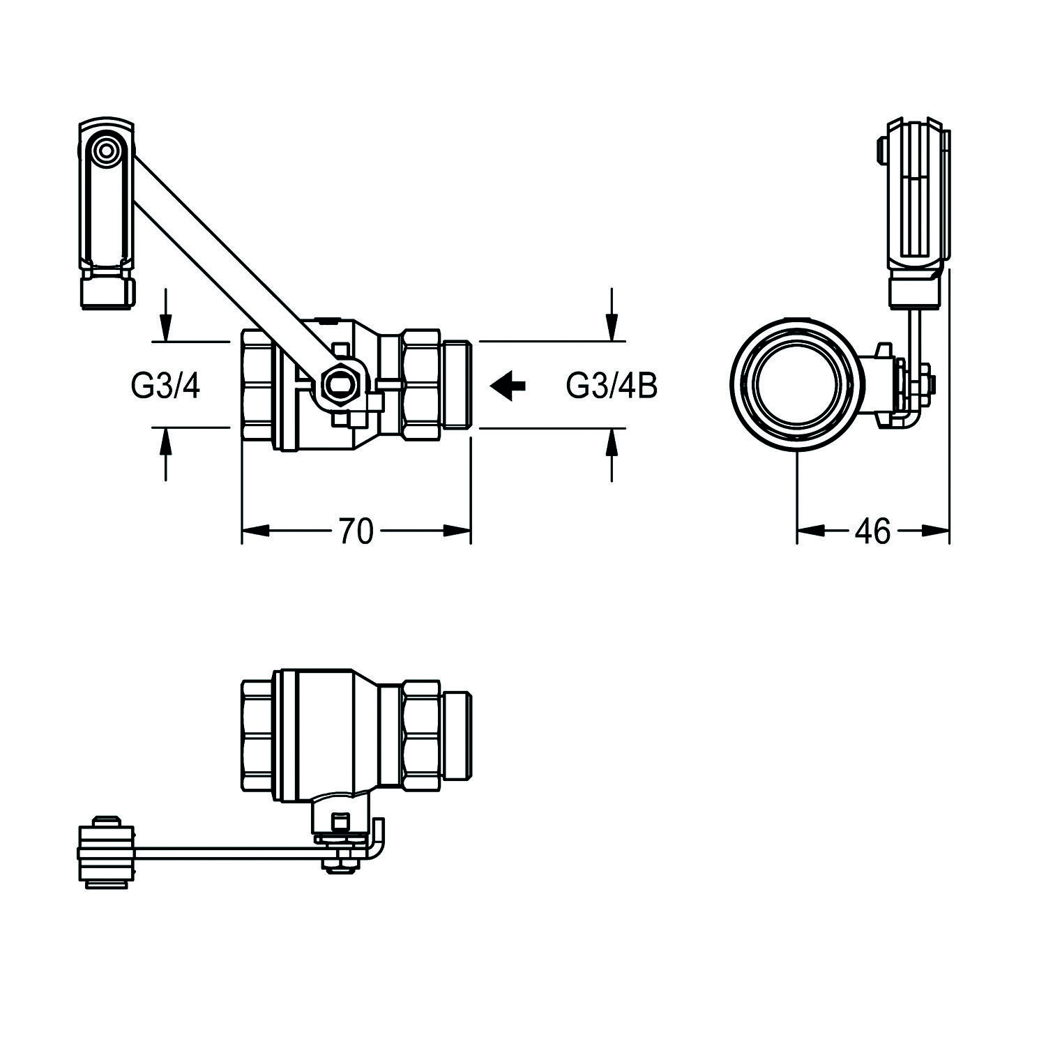Technische Zeichnung eines Sanitärventils mit Handgriff. Abmessungen zeigen Länge von 70 mm, Breite von 46 mm. Gewindegröße gekennzeichnet als G3/4.