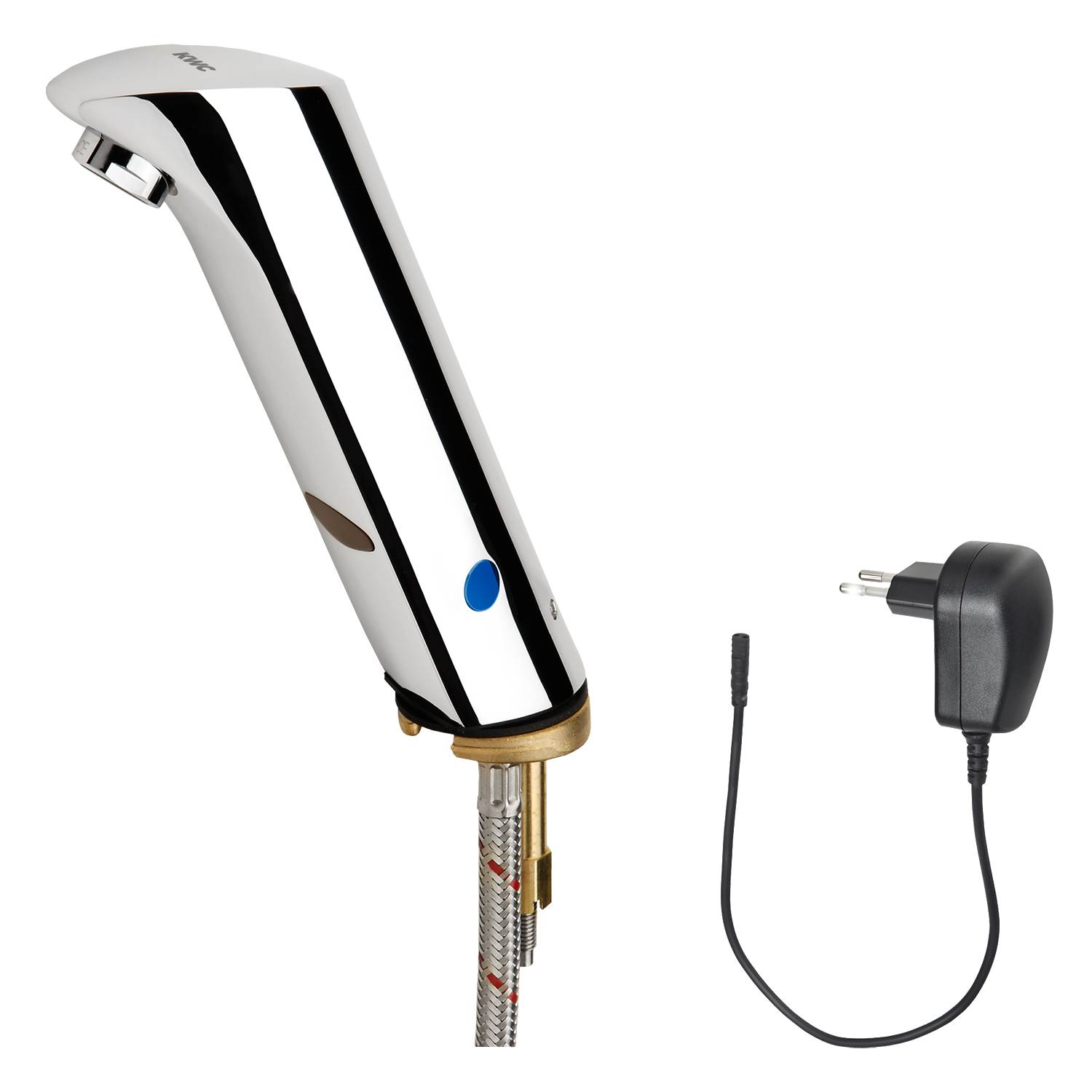 Elektrischer Wasserhahn mit elegantem Chrom-Finish, ausgestattet mit einem Sensor für berührungslosen Betrieb, zusammen mit einem Netzteil mit Stecker.