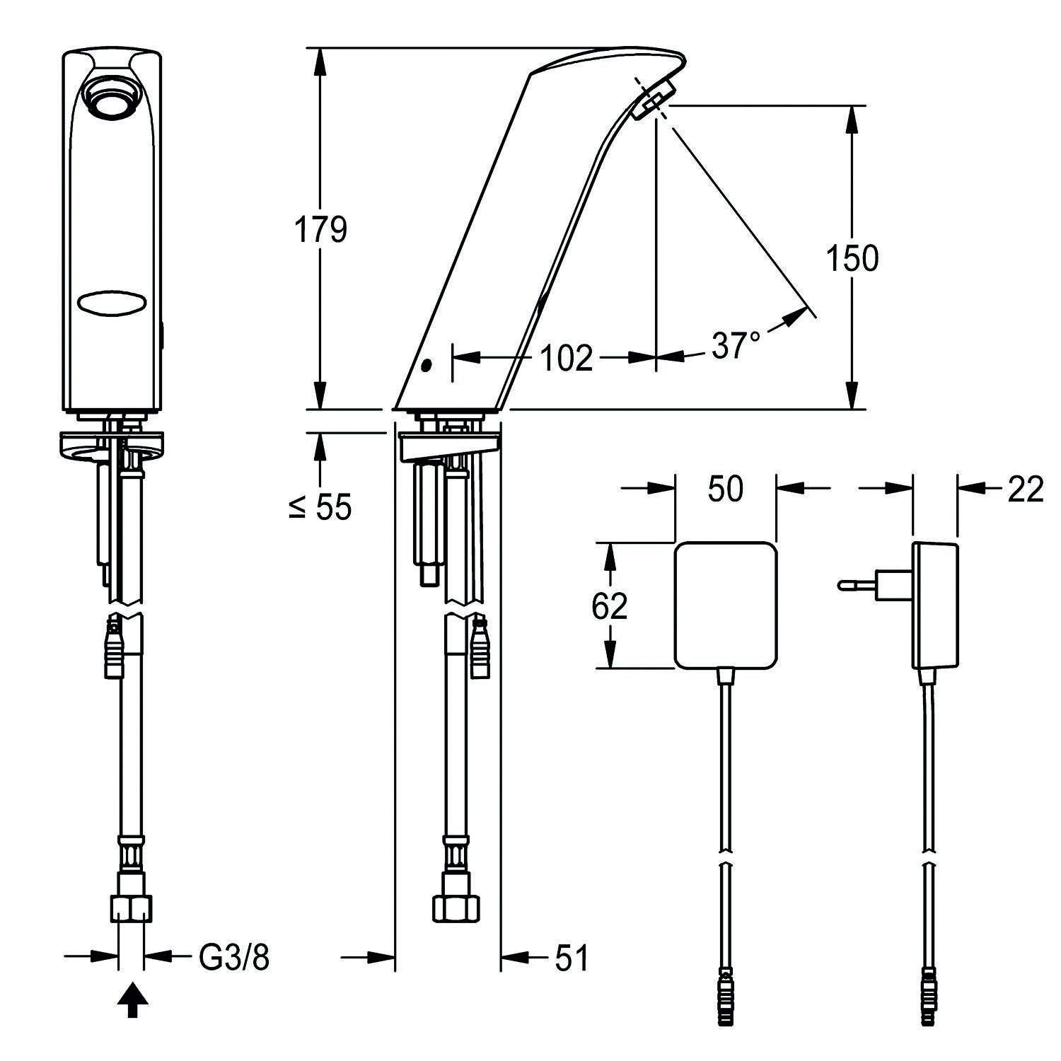 Diagramm eines Wasserhahns mit Maßangaben: Höhe 179 mm, Auslauflänge 150 mm, Winkel 37°, Anschlussgrößen G3/8. Enthält Abmessungen der Stromversorgung.