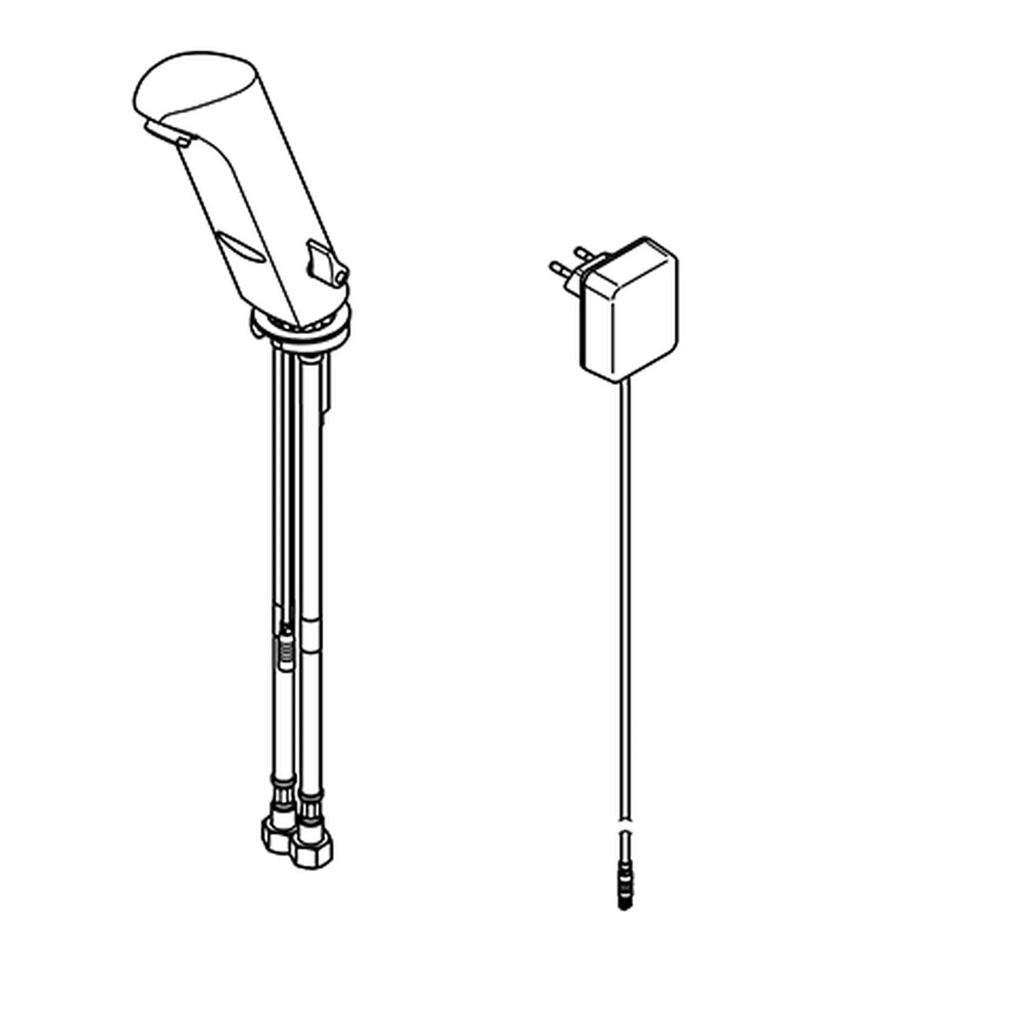 Strichzeichnung einer Wetterinstrumentenmontage: ein hohes Sensormast mit zylindrischem Kopf auf der linken Seite und ein separates Stromversorgungs-/Steuerungsgehäuse mit Kabel und Stecker auf der rechten Seite.