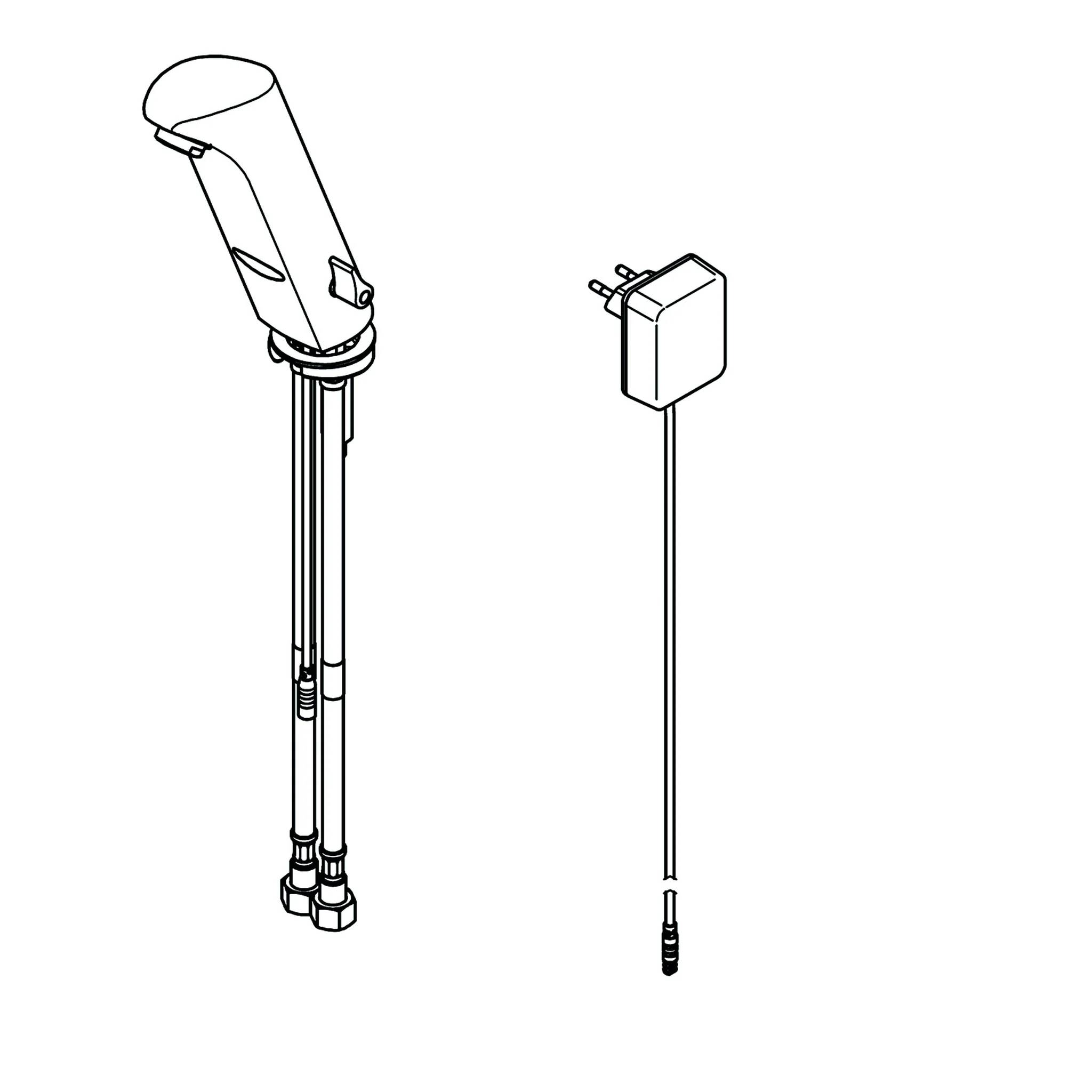 Technische Strichzeichnung eines tragbaren Geräts und eines separaten Stromadapters mit Kabel und Stecker.