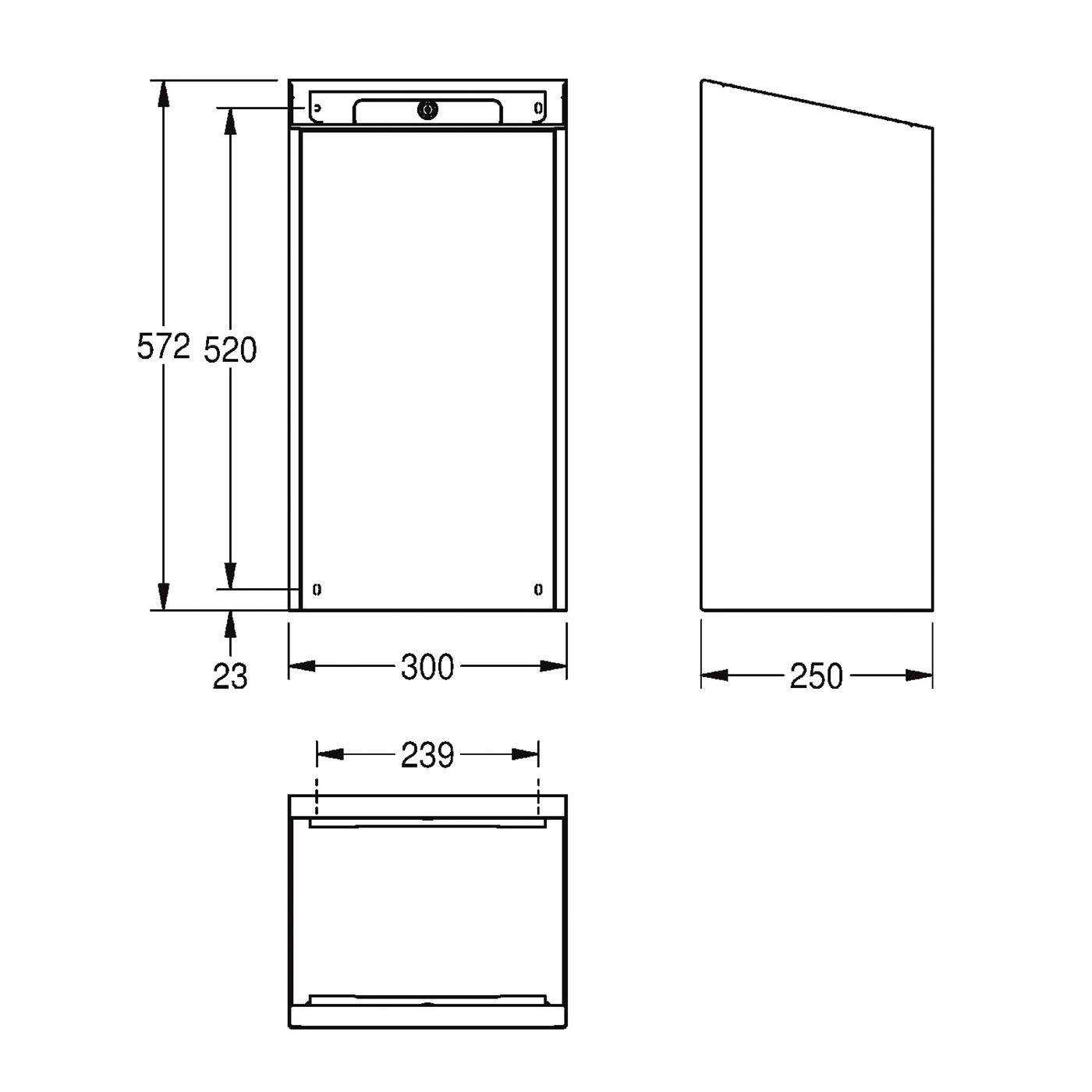 Technische Zeichnung eines rechteckigen Geräts mit Front-, Seiten- und Draufsicht mit Abmessungen: 572 mm hoch, 300 mm breit, 250 mm tief und 23 mm Sockelversatz.