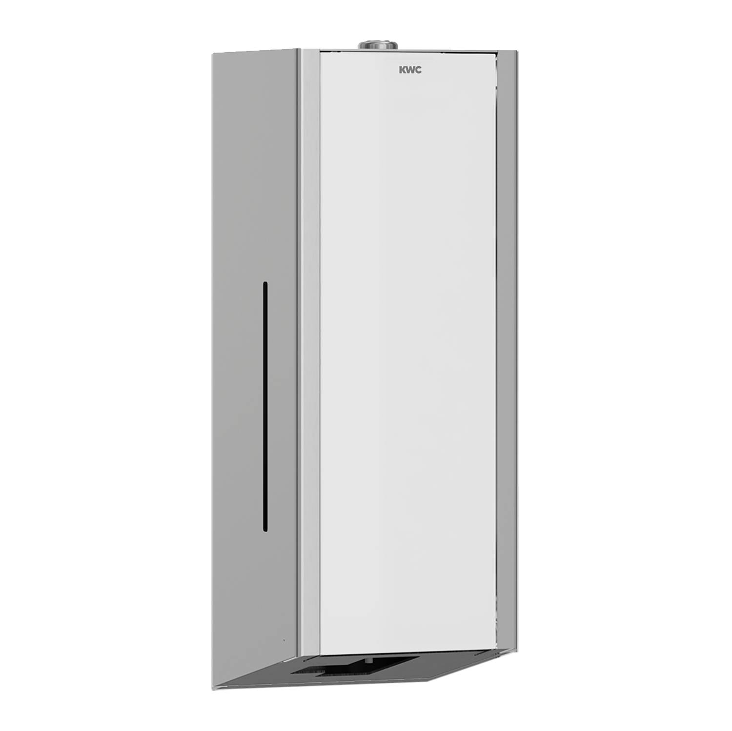 Ein schlanker, rechteckiger Edelstahl-Spender mit weißer Frontblende, entwickelt zum Halten und Ausgeben von Papierhandtüchern.