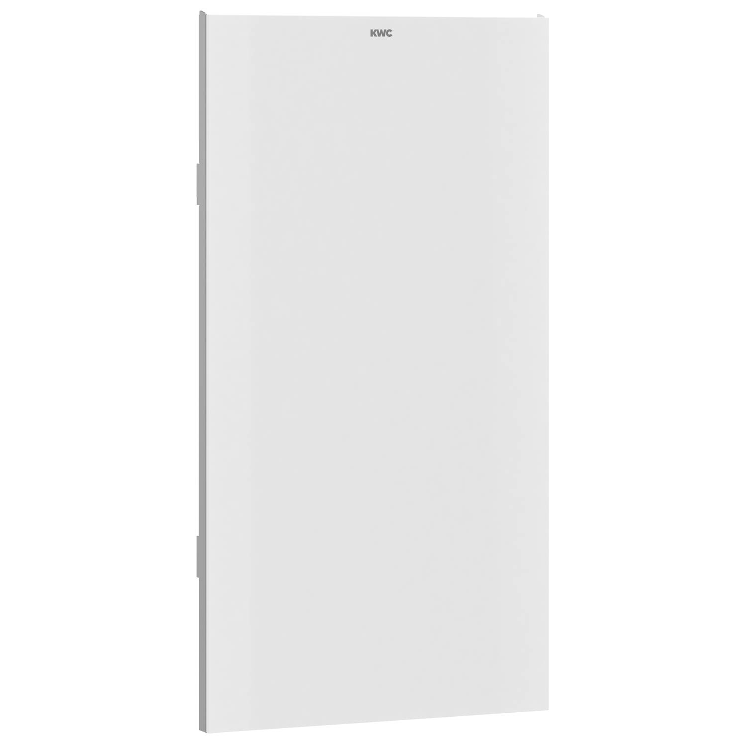 Eine schlichte, minimalistische weiße Wandtafel, auf der das 'KOVC'-Logo in der Mitte oben angebracht ist, vor einem einfarbigen schwarzen Hintergrund.