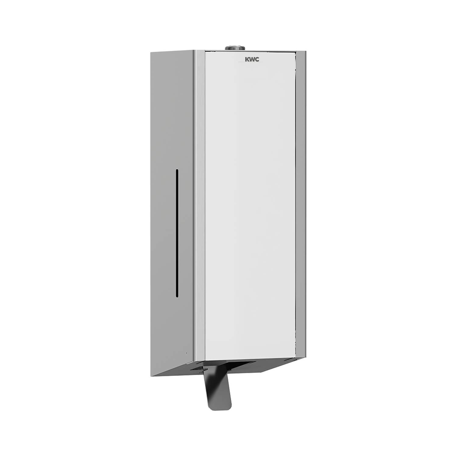 KWC-markierter, moderner rechteckiger Edelstahl-Handtrockner mit schlankem, minimalistischem Design, wandmontiert, geeignet für Sanitärräume.