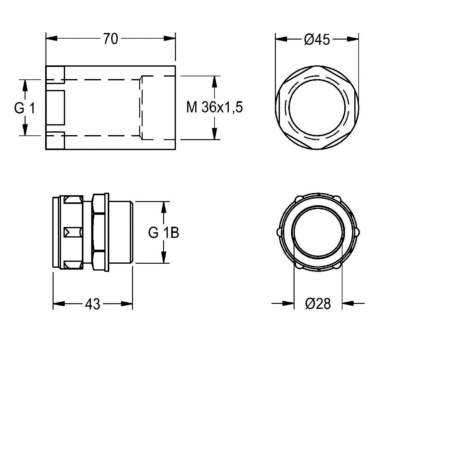 Technische Zeichnung eines zylindrischen Bauteils mit Abmessungen: Durchmesser 45 mm, Höhe 70 mm. Weitere Schlüsselmaße umfassen 43 mm Breite, Gewindegröße M36x1,5 sowie Durchmesser von 28 mm und 45 mm.
