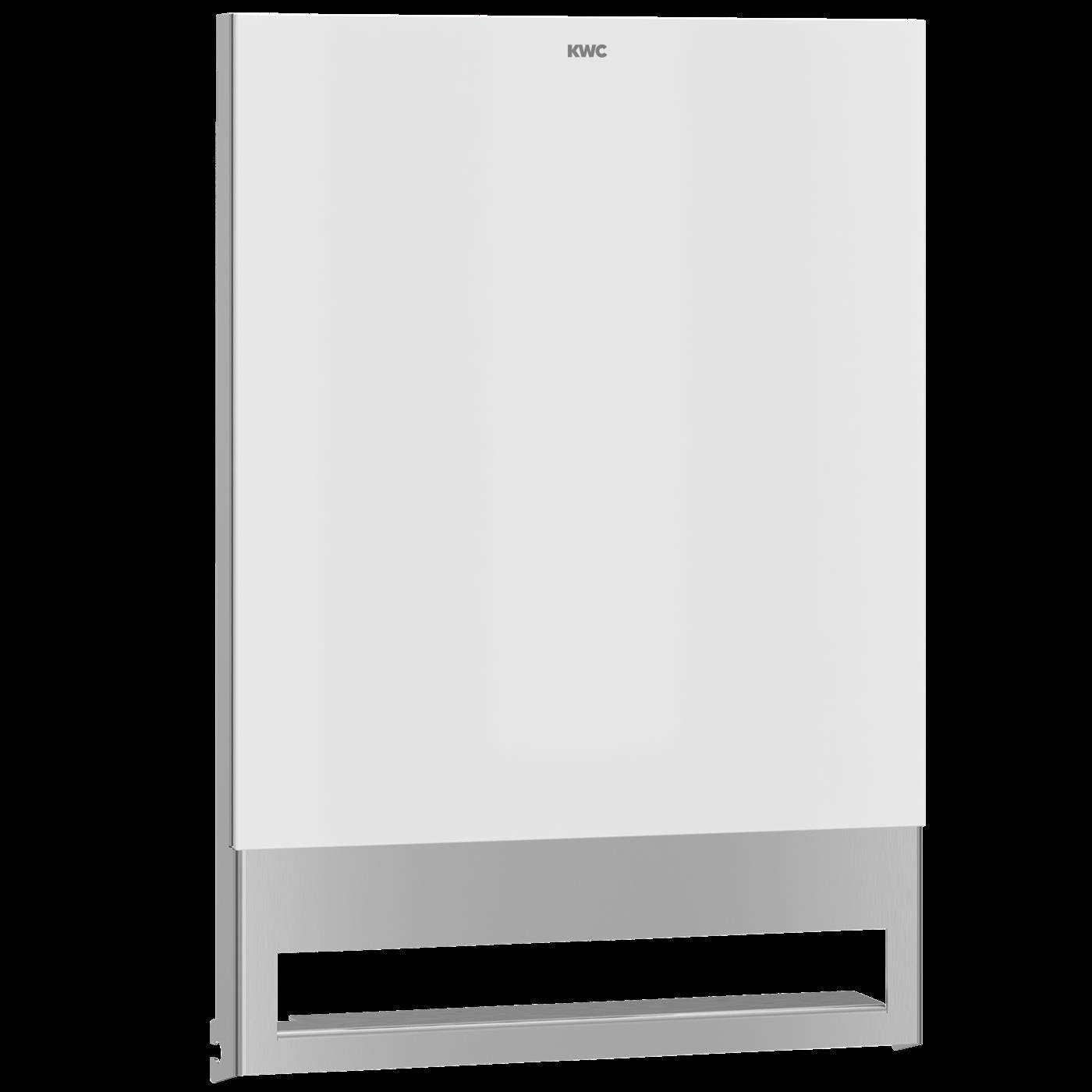 Weiße an der Wand montierte KWC-Schrank oder Spender mit großem Frontpanel und rechteckiger Öffnung unten