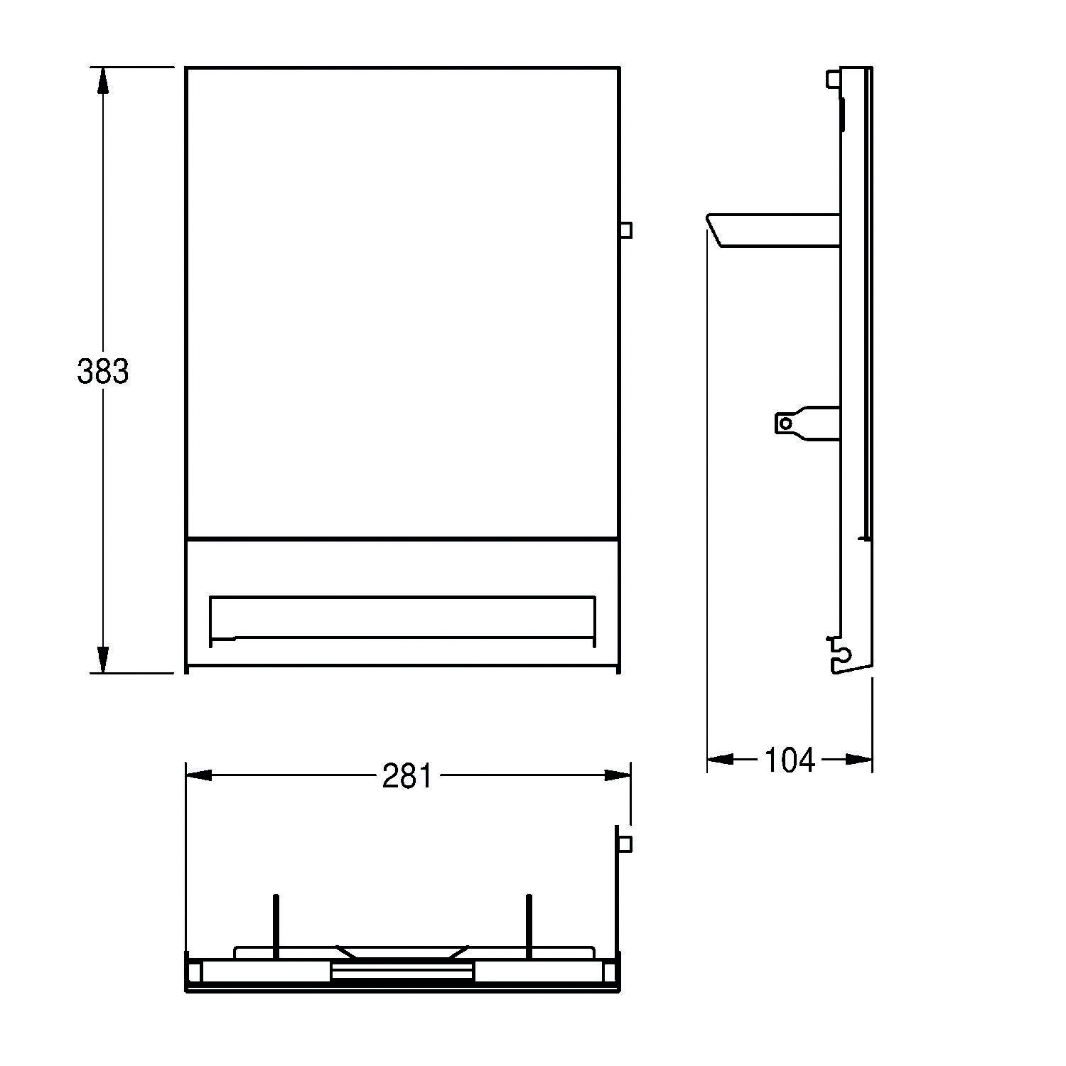 Technische Zeichnung eines Geräts: Frontansicht Höhe 383 mm, Breite 281 mm; Seitenansicht Tiefe 104 mm. Design beinhaltet einen Schlitz nahe der Basis.