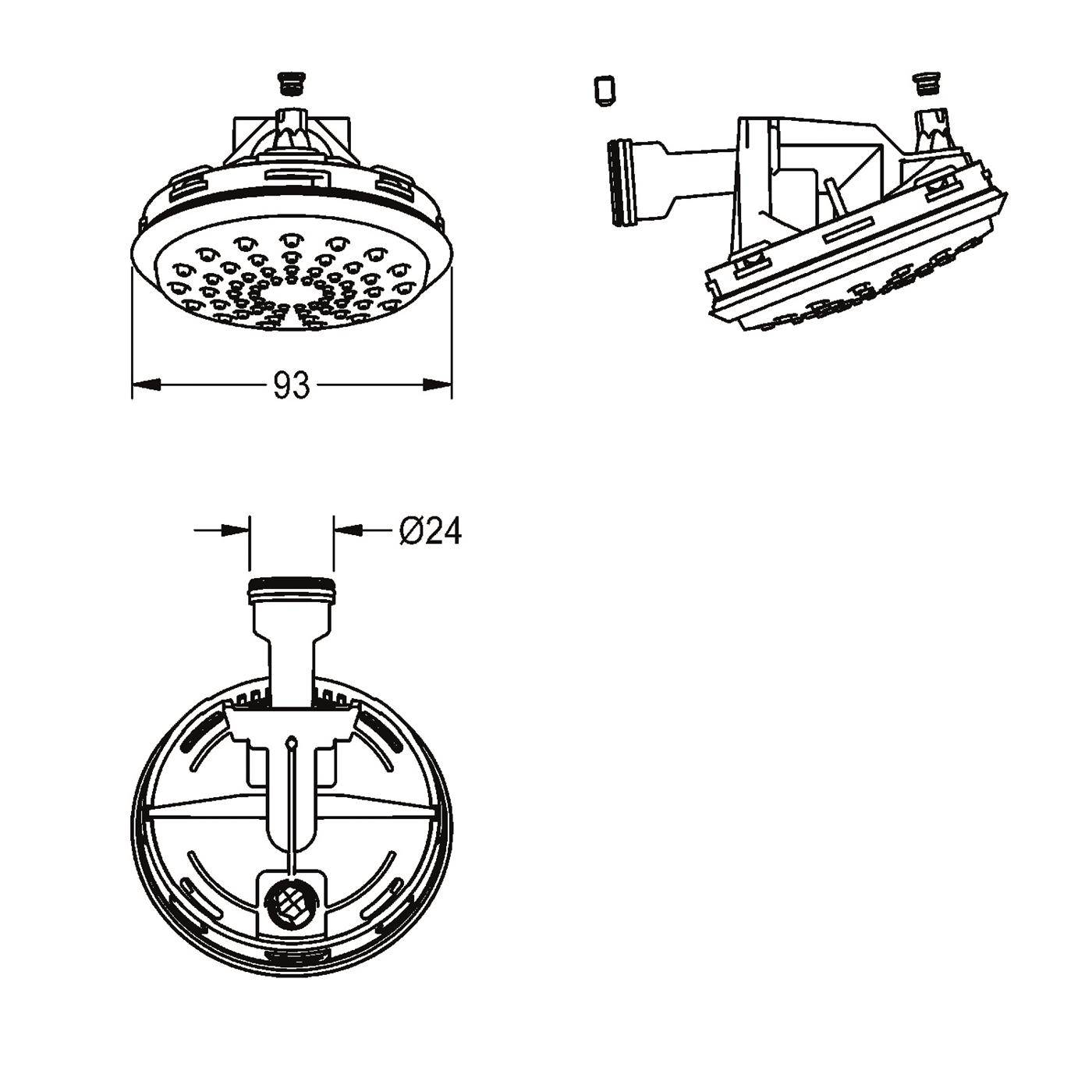 Technische Zeichnung eines runden Duschkopfes mit drei Ansichten, zeigt Abmessungen von 93 mm Durchmesser und 24 mm Anschlußgröße.