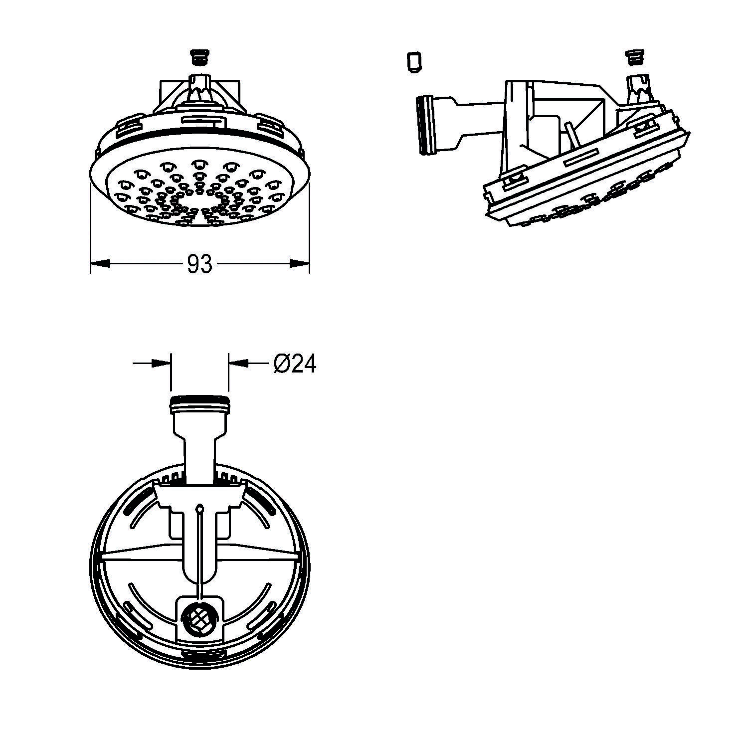 Diagramm, das einen Duschkopf mit Ansichten von oben, der Seite und von unten zeigt. Abmessungen: 93 mm Durchmesser für den Kopf, 24 mm für das Rohr.