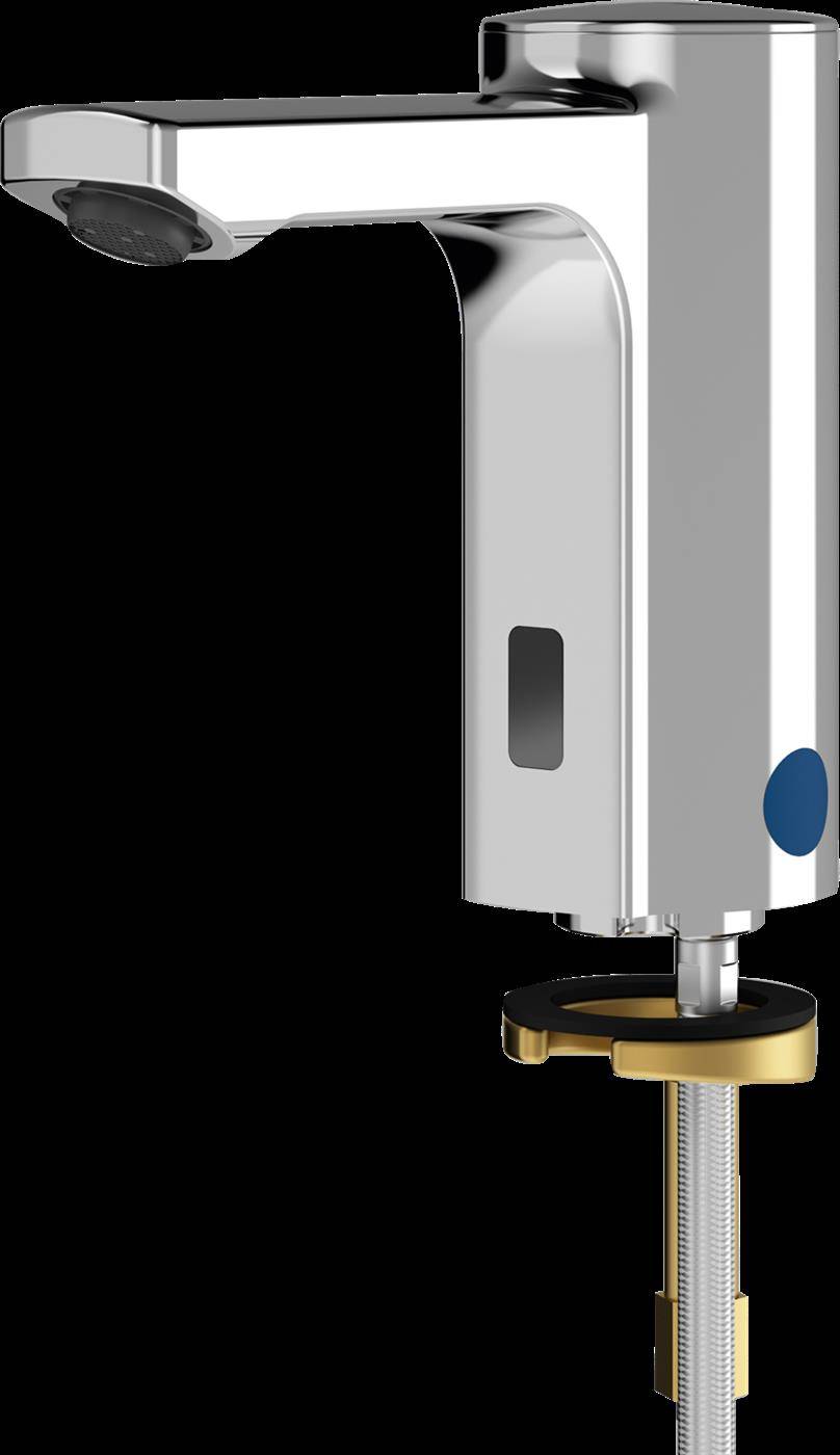 Chrom-Sensor-Armatur mit oben montierter Auslaufröhre und zylindrischem Gehäuse, gezeigt mit sichtbarem Montagestiel und blauem Seitenindikator.