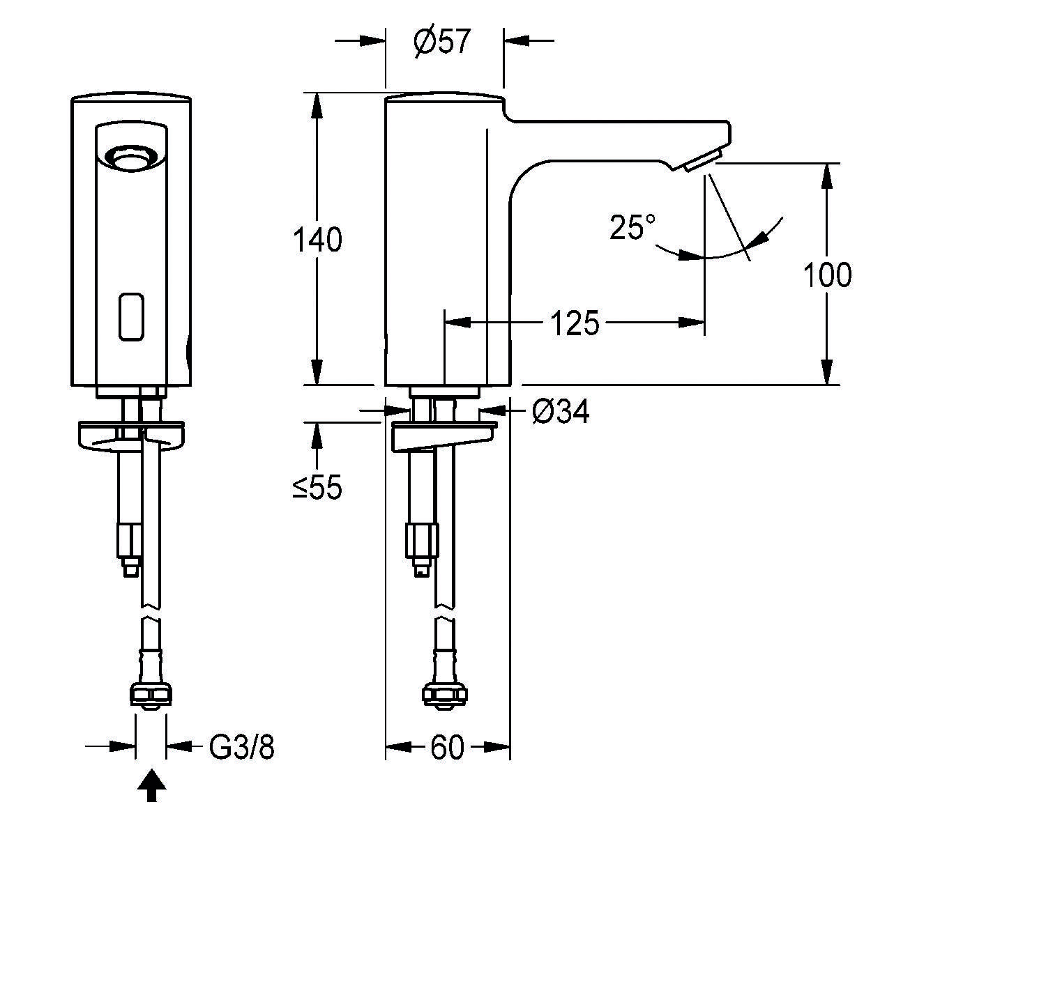 Technische Zeichnung eines Wasserhahns mit Maßen: Höhe 140 mm, Auslauflänge 125 mm, Auslaufhöhe 100 mm. Basisdurchmesser Ø34 mm, Auslauf Ø57 mm.