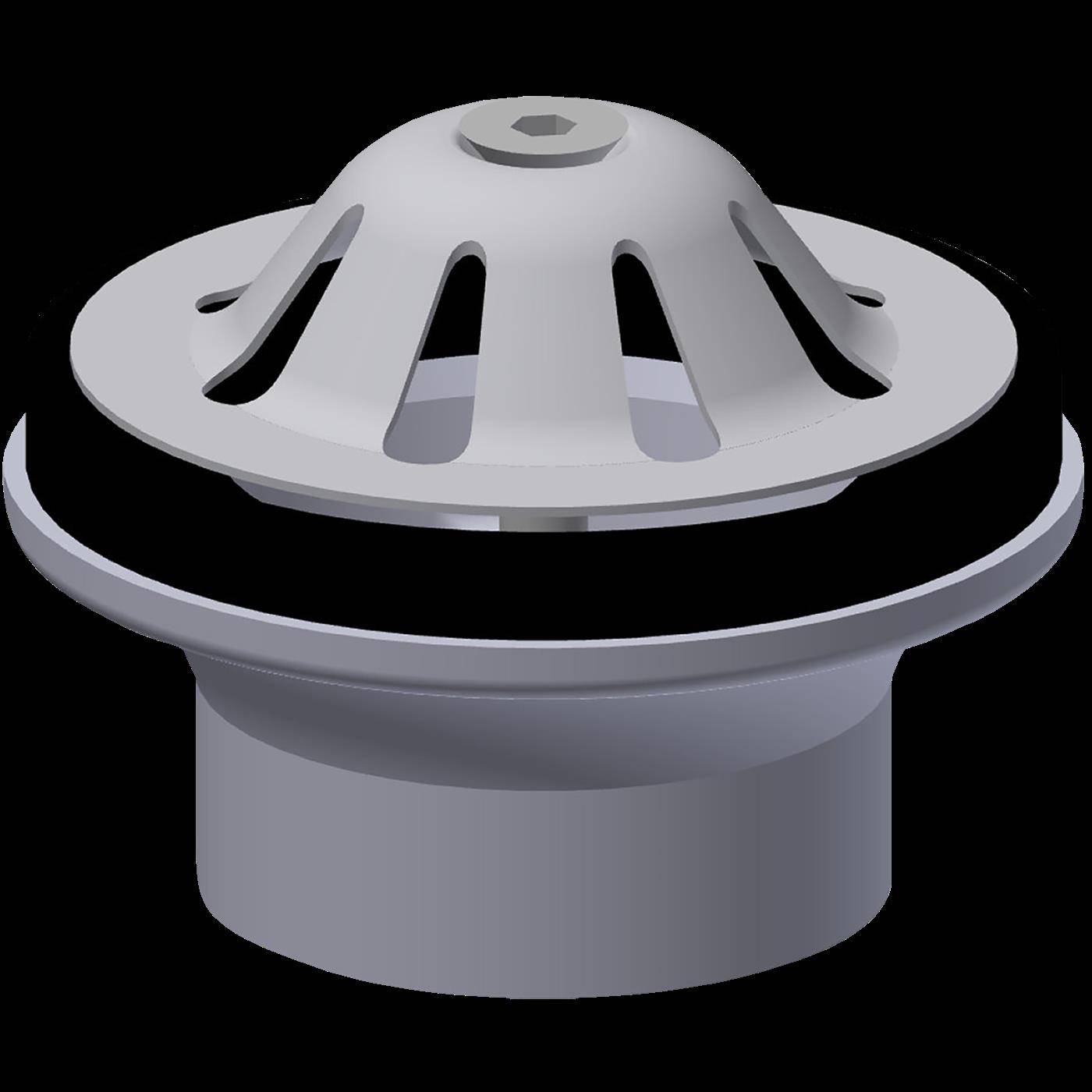 3D-Rendering eines Dachabflusssiebs mit geschlitzter Kuppelkappe und zylindrischem Ausgangsrohr auf schwarzem Hintergrund.