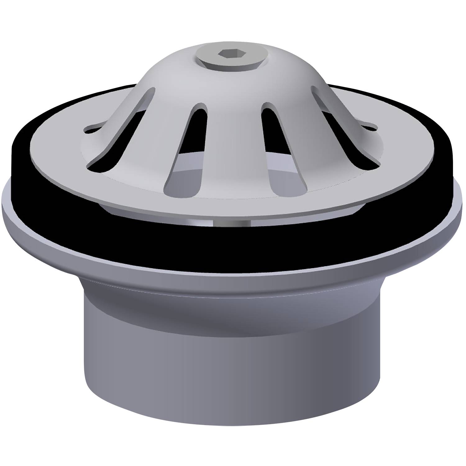 Eine 3D-Illustration eines metallischen Abflussdeckels mit einer abgedeckten Oberseite und mehreren Schlitzen zur Wasserableitung, vor einem dunklen Hintergrund.