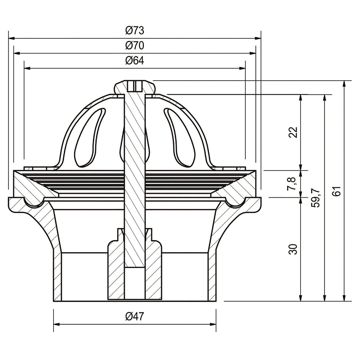 Querschnittstechnische Zeichnung einer gewölbten mechanischen Kappe oder eines Ventilteils mit beschrifteten Abmessungen: Ø73, Ø70, Ø64, Ø47, 61, 59,7, 30, 22 und 7,8.