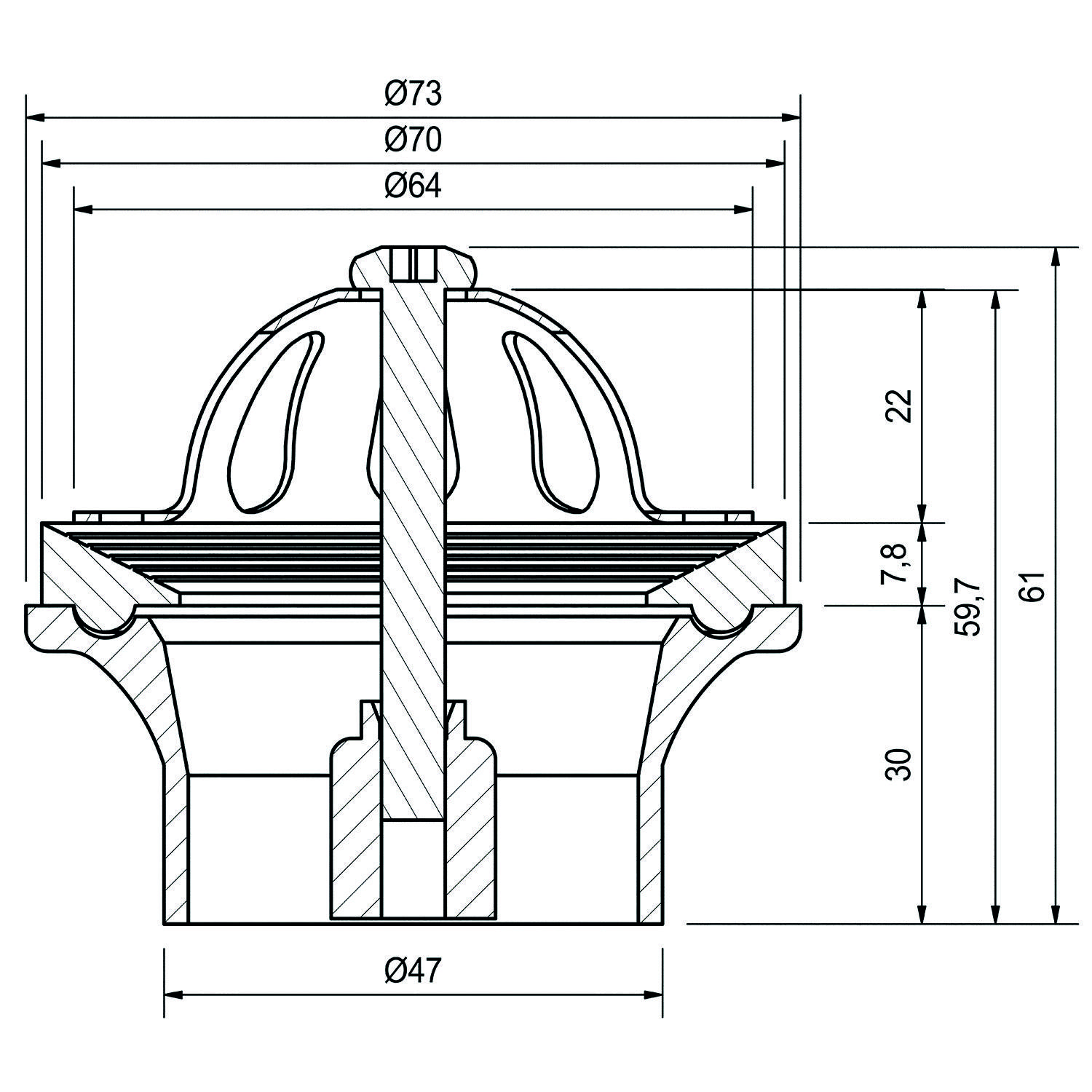 Technische Zeichnung eines Ventilquerschnitts mit detaillierten Maßangaben. Durchmesser am oberen Ende ist Ø73, Basis ist Ø47. Gesamthöhe beträgt 61.