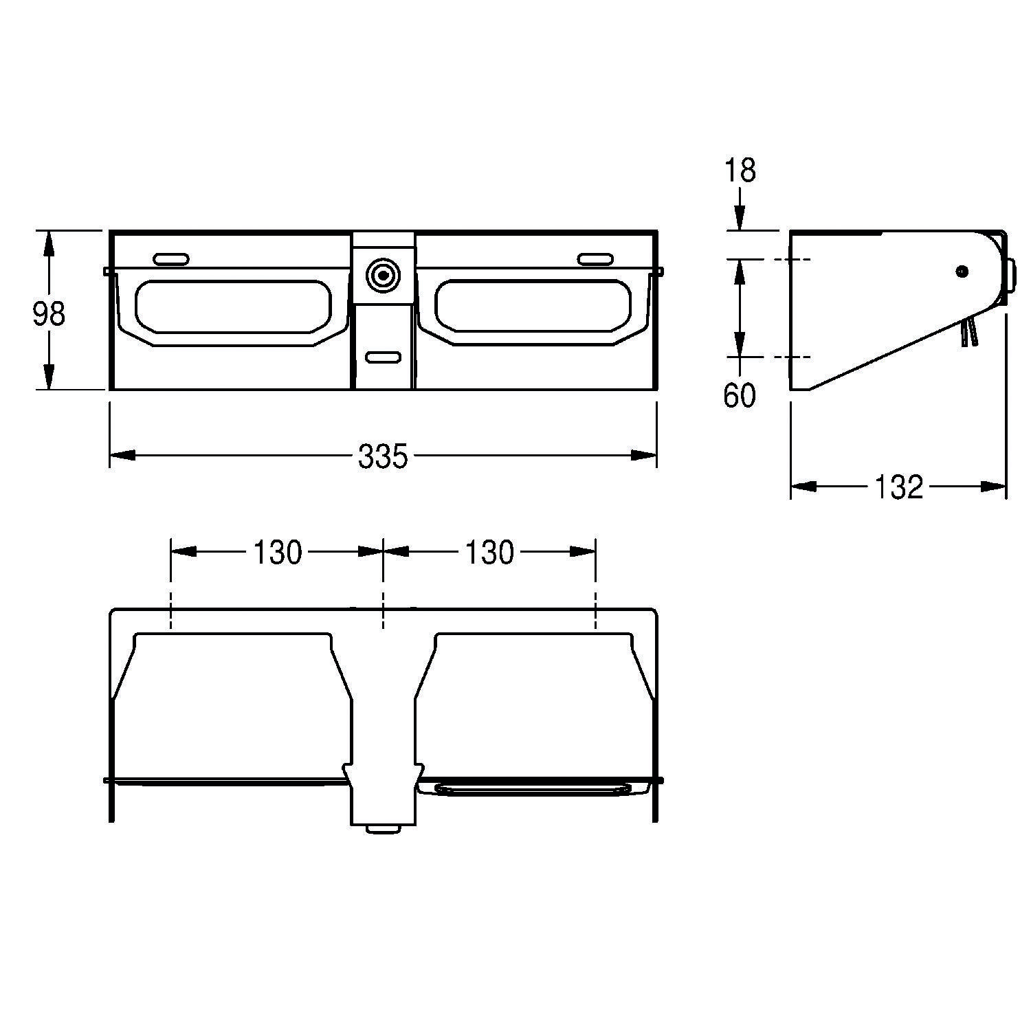 Technische Zeichnung einer wandmontiertenBadezimmerarmatur mit Abmessungen: 335 mm Breite, 98 mm Höhe, 132 mm Tiefe, mit markierten Schlüsselmessungen.