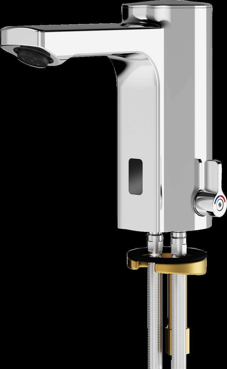 Chrome-Sensor-Wasserhahn mit Seitenregelungsknopf und freiliegender Montagehardware auf schwarzem Hintergrund.