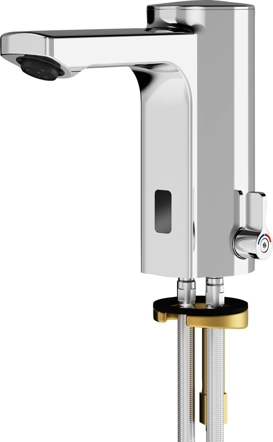 Ein Chrom-Küchenarmatur mit elegantem Design verfügt über einen seitlichen Hebel zur Temperatureinstellung, montiert auf einer Arbeitsplatten-Basis.