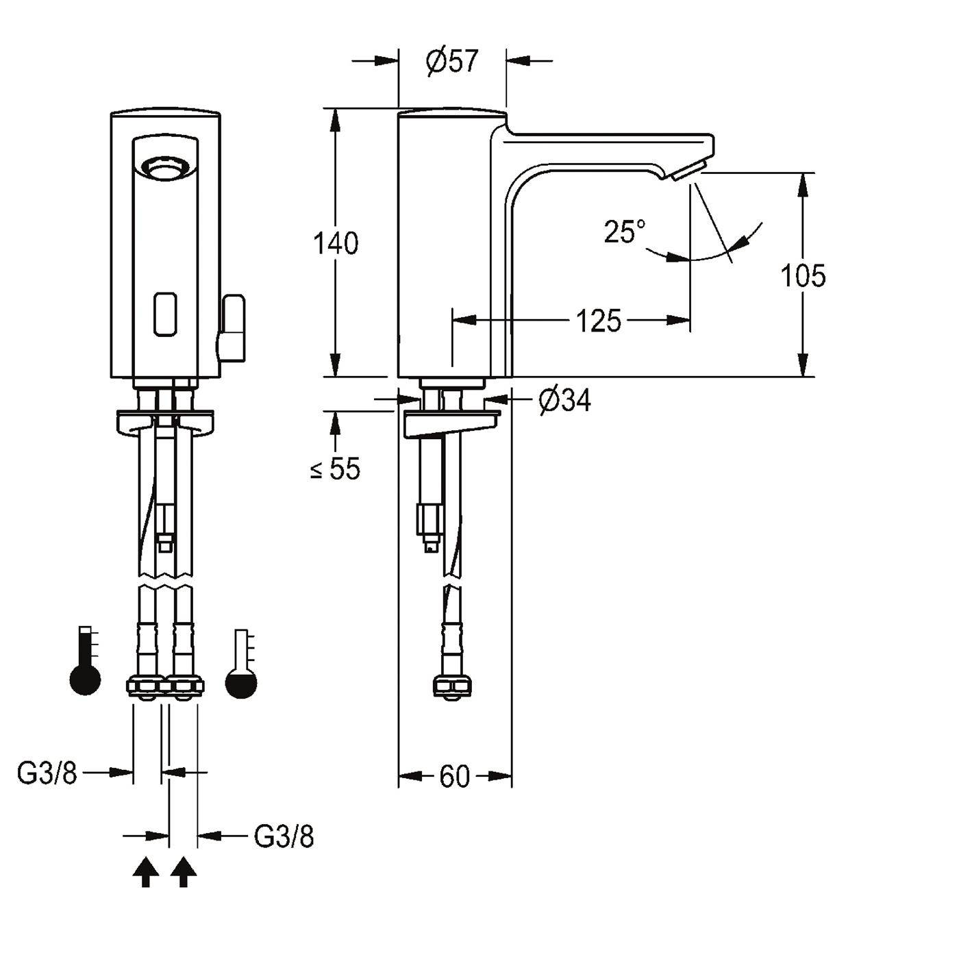 Technische Zeichnung eines Einhebel-Waschtischmischers mit Seitenhebel, zeigt Front- und Seitenansicht mit Abmessungen einschließlich 57 mm oberer Durchmesser, 140 mm Höhe, 125 mm Auslauftiefe und G3/8-Anschlüsse.