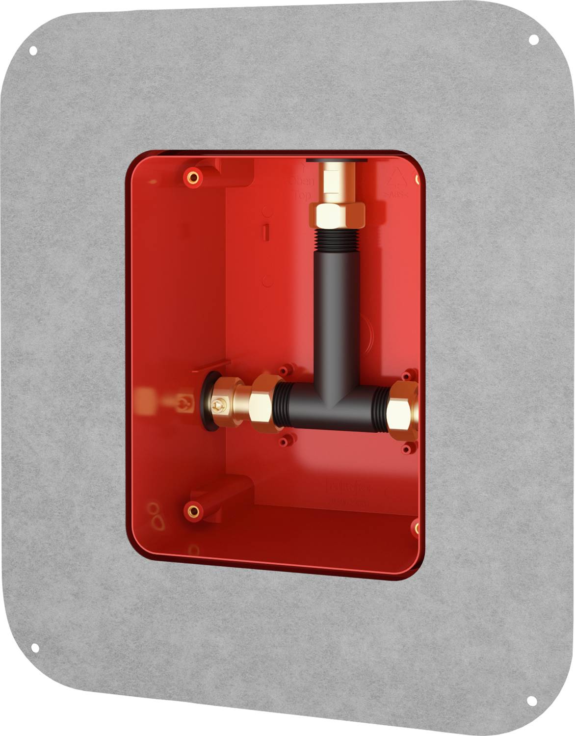 Eine rote Metallbox, die auf einer grauen Oberfläche montiert ist, enthält ein T-förmiges schwarzes Rohr mit Messingfittings, das zwei Seiten verbindet.
